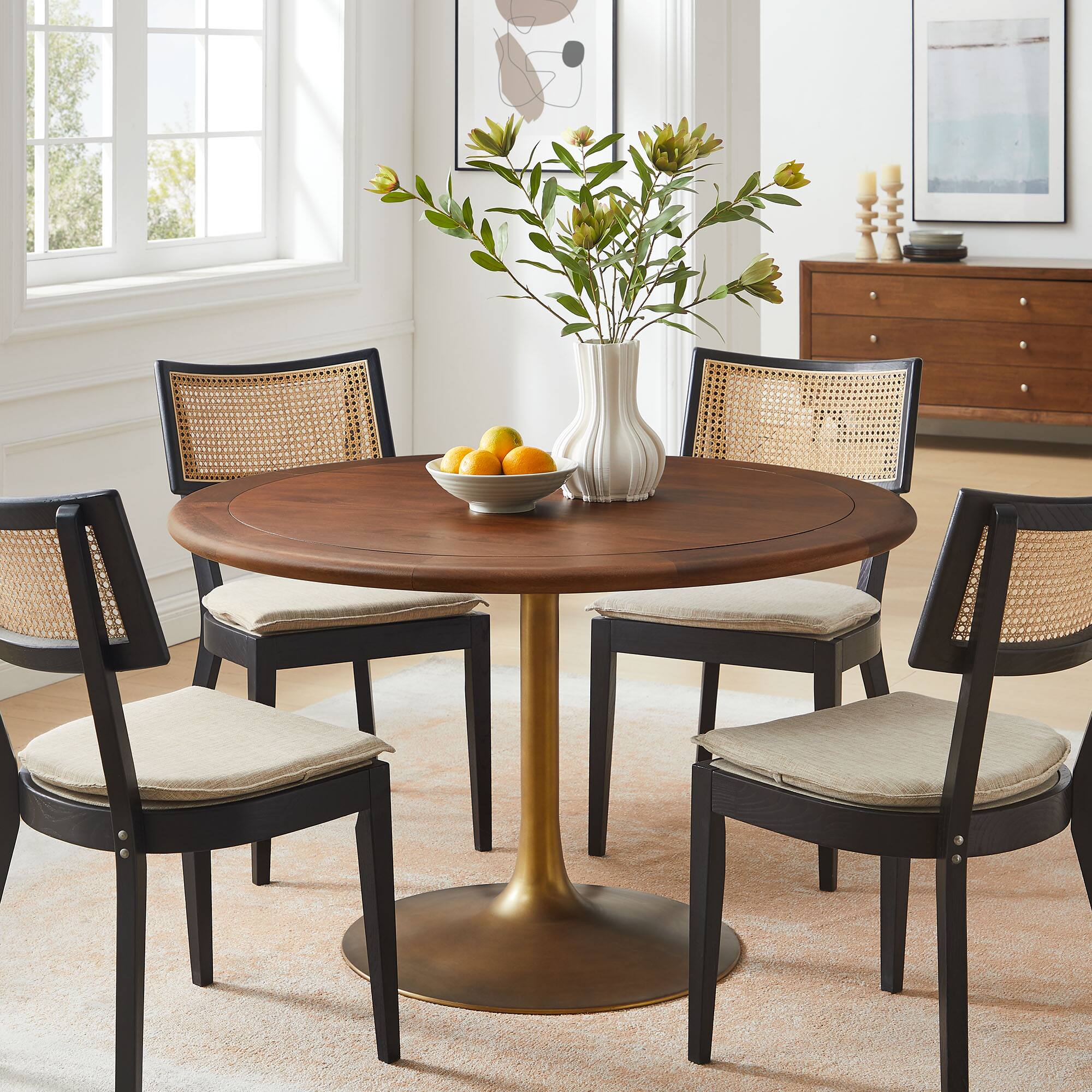 Alt View 6. Modway - Lippa 48" Round Pedestal Solid Wood Dining Table by Modway - Brass Walnut.