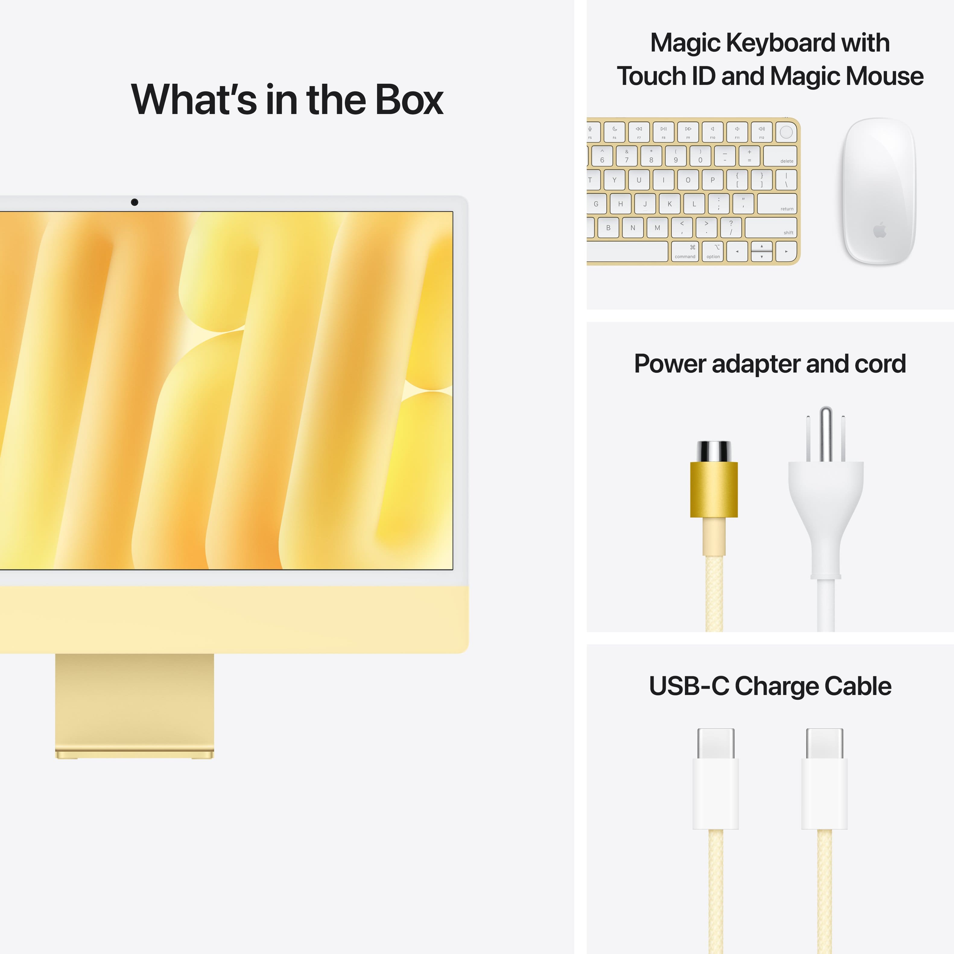What's in the Box: Magic Keyboard with Touch ID and Magic Mouse, Power Adapter and Cord, USB-C Charge Cable.