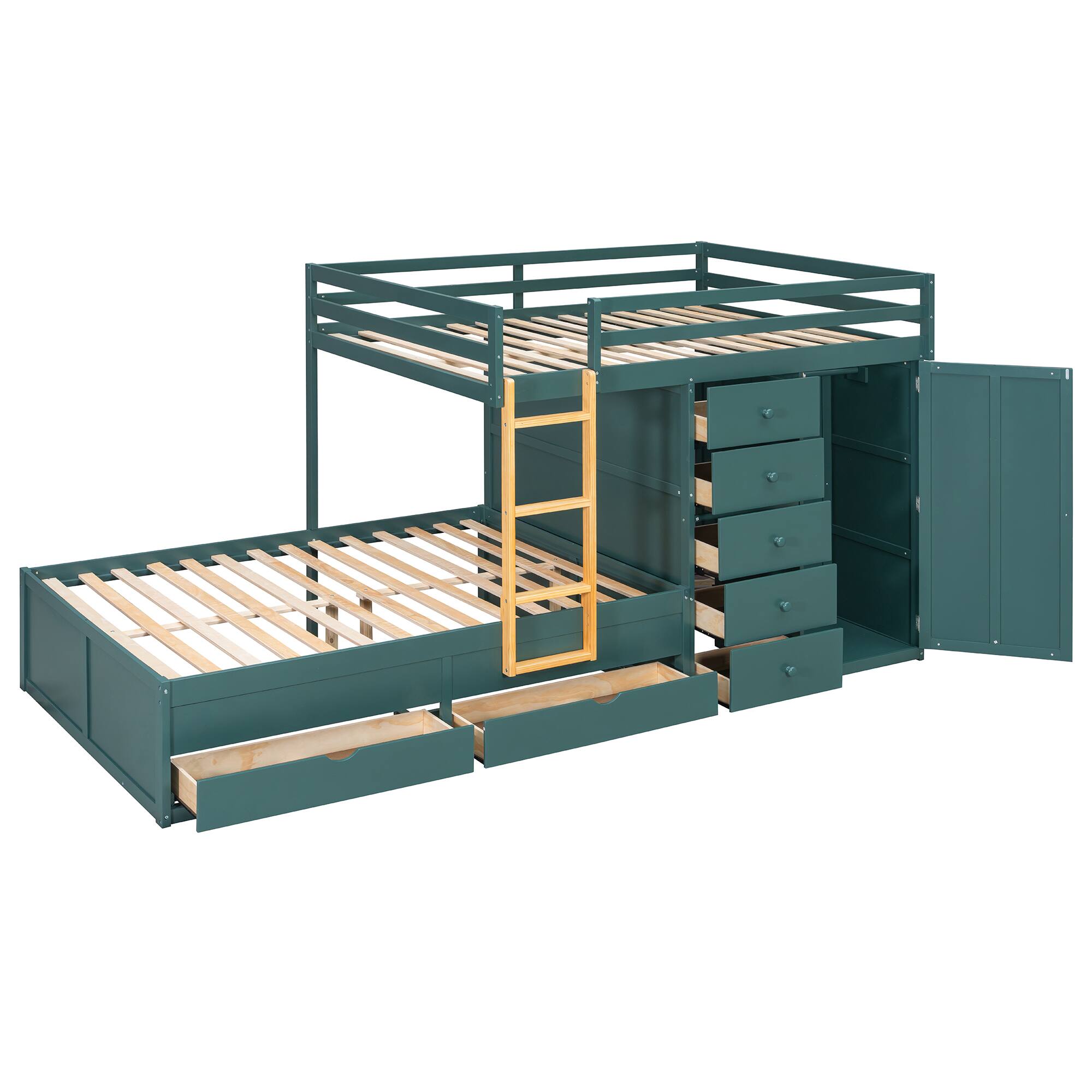 Back. Anysun - Full Size Bunk Bed with Multiple Drawers & Wardrobe - MDF & Solid Wood Construction, Modern Storage Design - Green.