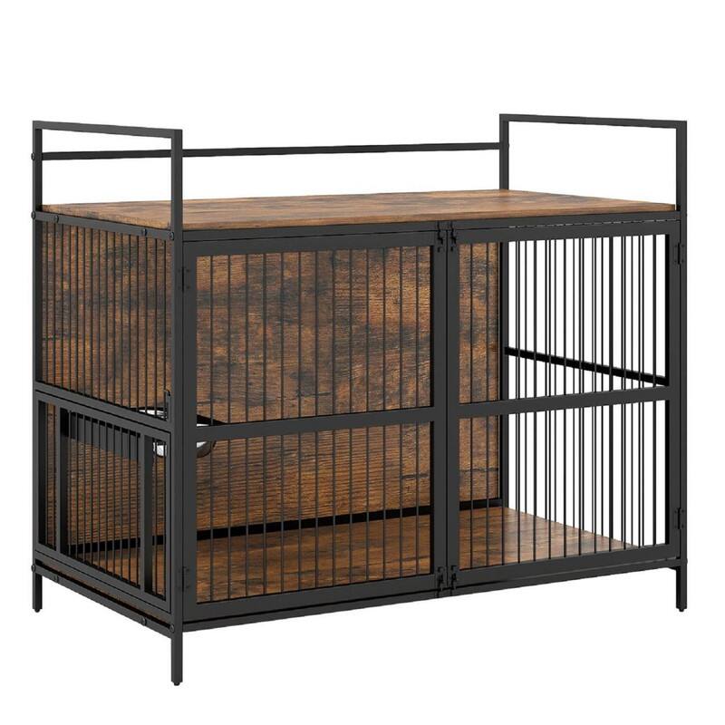 Alt View 3. WELLFOR - Wooden Dog Crate Furniture for Medium Dogs, Heavy Duty Metal Dog Cage Dog Kennel with Bowls and Rotatable Holder - Brown.
