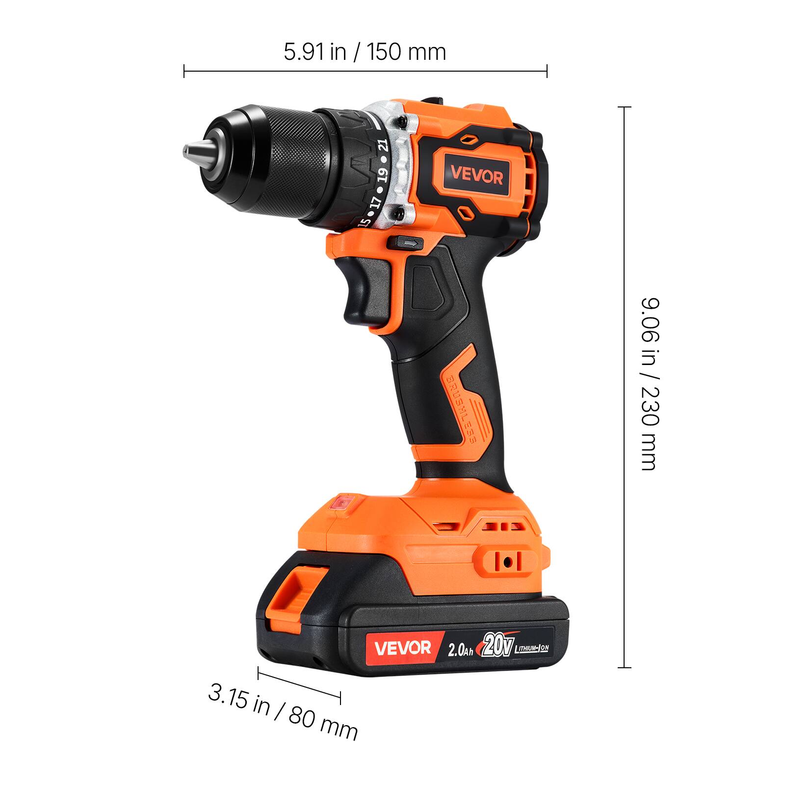 5.91 in / 150 mm  
9.06 in / 230 mm  
3.15 in / 80 mm  

VEVOR  
2.0Ah 20V