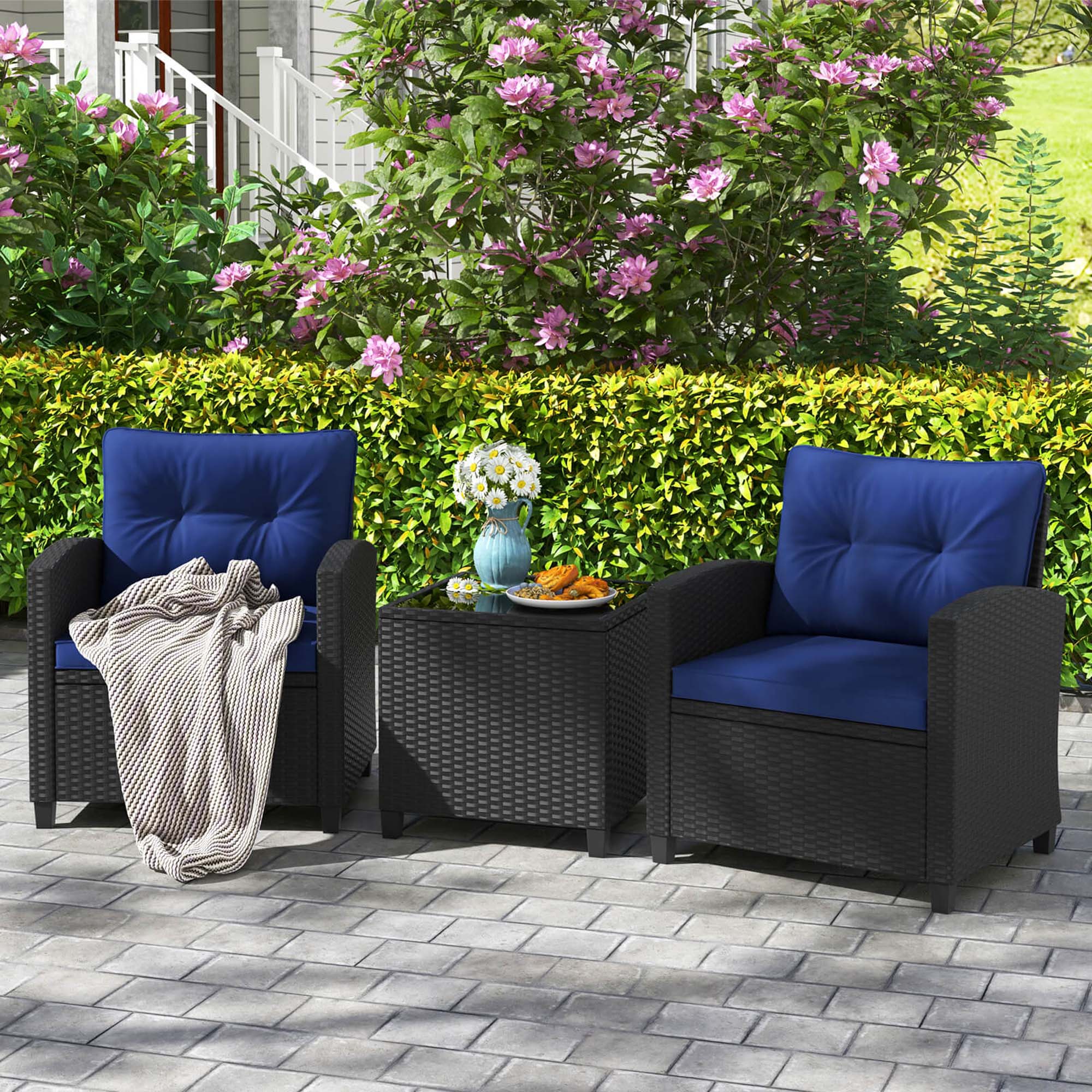 Alt View 2. Costway - 3 PCS Patio Furniture Set with Tempered Glass Coffee Table Washable Cushions - Navy,Black.