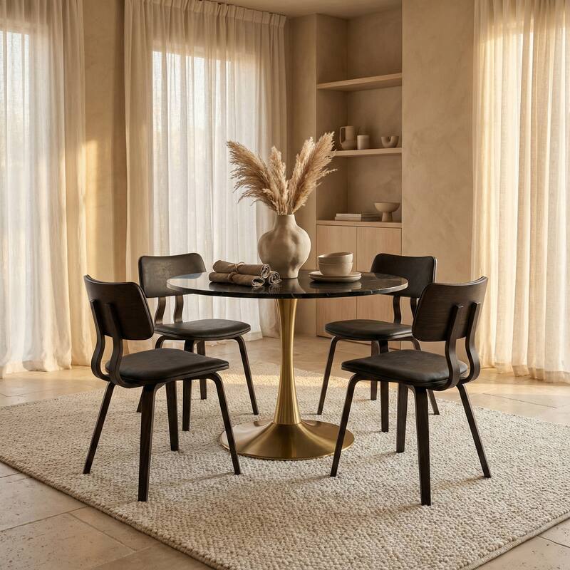 Angle. LeisureMod - Bristol 31" Round Minimalist Dining Table, Sintered Stone or MDF Top - Space-Saving Pedestal Base Kitchen & Cafe Table - MDF - Marbled Black.