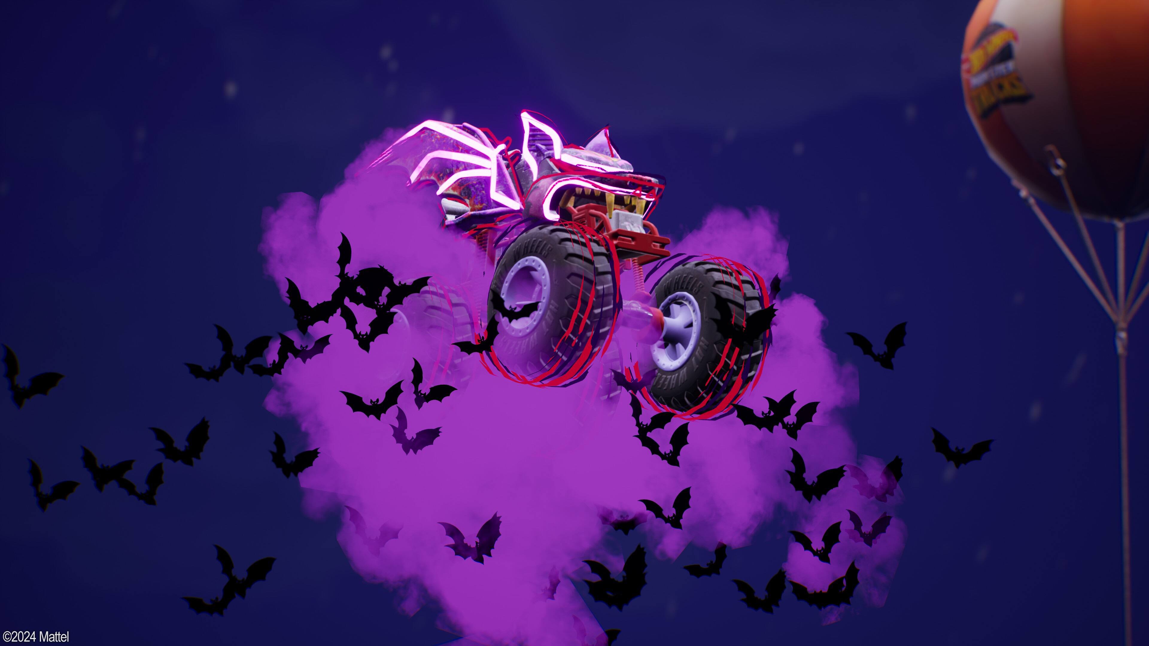 The image features a purple car with big wheels, surrounded by a flock of bats flying in the air. The car is in motion, possibly driving through a purple fog or smoke. The scene is set against a dark background, adding to the dramatic atmosphere. The image is likely part of a promotional campaign for a Mattel product, as indicated by the Mattel logo in the lower left corner.