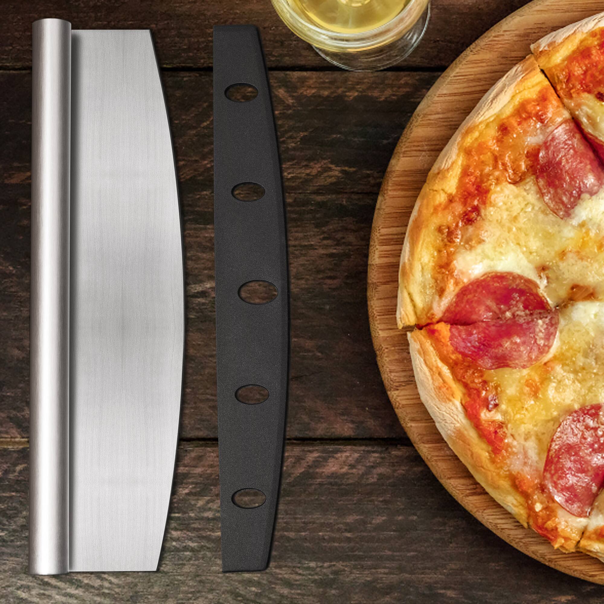 Back. Oumilen - Stainless Steel Rocking Pizza Cutter with Protective Safety Cover, Sharp Pizza Slicer for Home & Commercial Use.