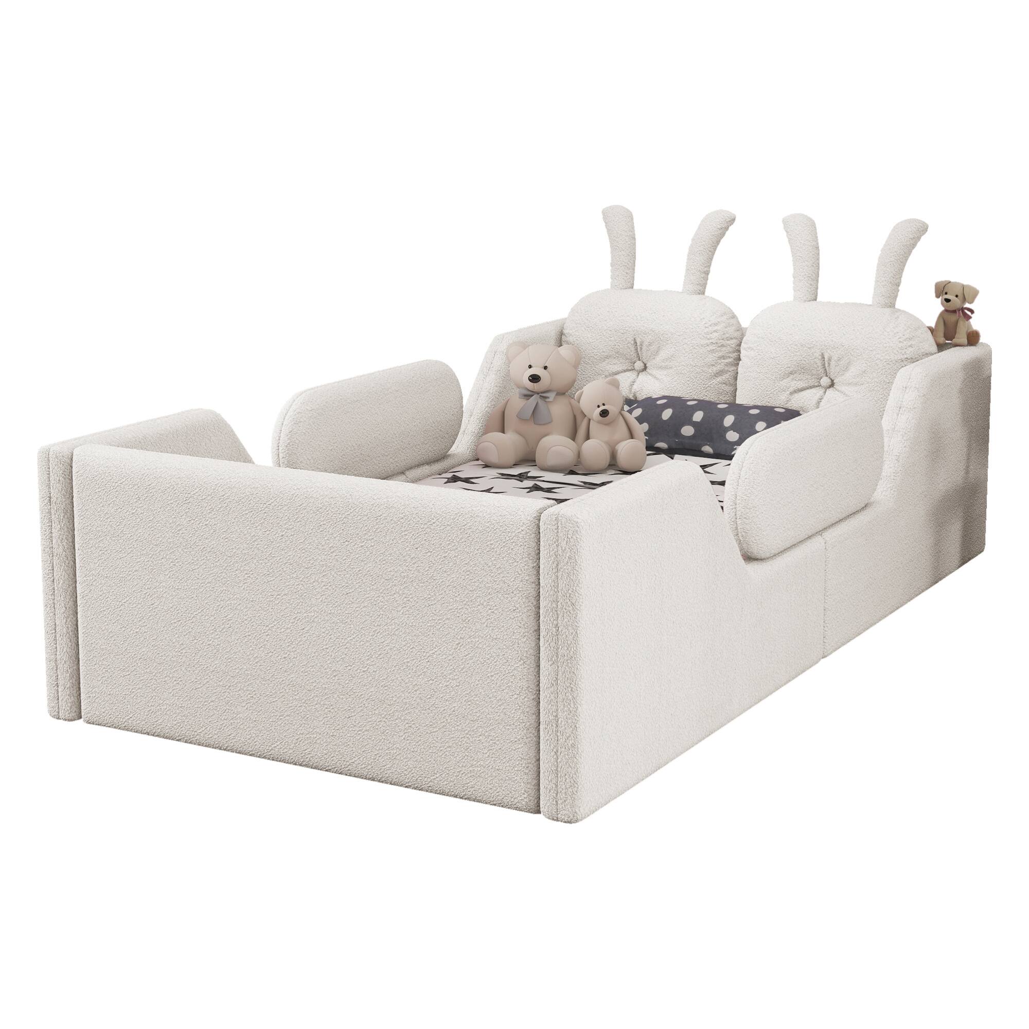 Alt View 6. GOODSILO - Twin Size Upholstered Platform Bed with Decorative Cushions and Removable Safety Rails for Children - White.