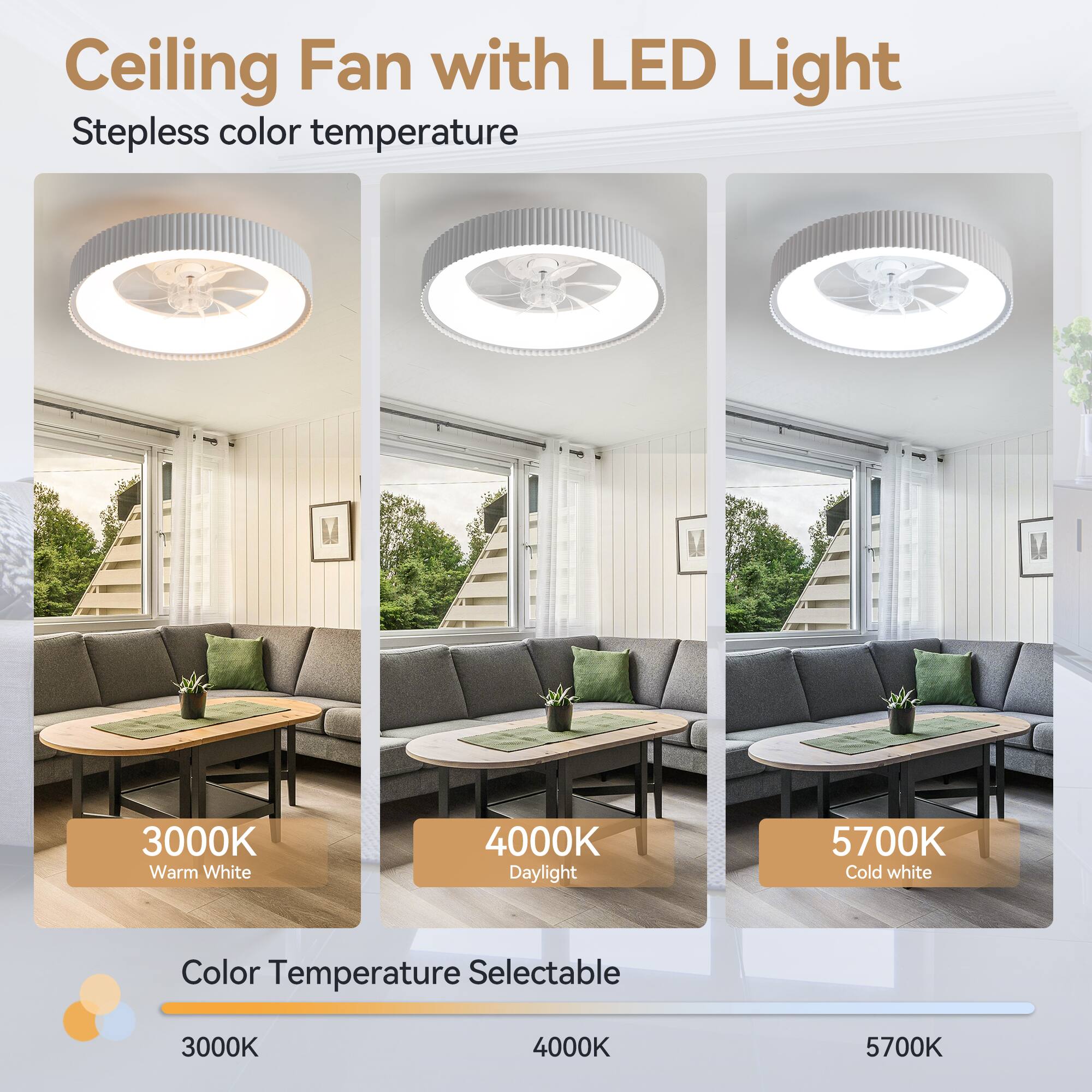 Ceiling Fan with LED Light, Stepless color temperature, 3000K Warm White, 4000K Daylight, 5700K Cold white, Color Temperature Selectable, 3000K, 4000K, 5700K