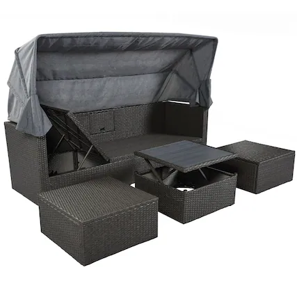 Front. Mondawe - Outdoor Wicker Rectangle Daybed with Retractable Canopy and Washable Cushions - Gray.