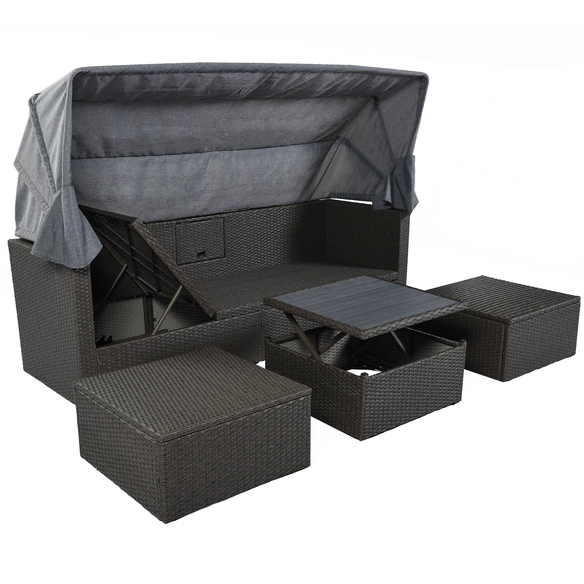 Back. Siljoy - Outdoor Patio Rectangular Daybed w/Retractable Canopy, Wicker Sectional Seating with Washable Cushions - Gray.