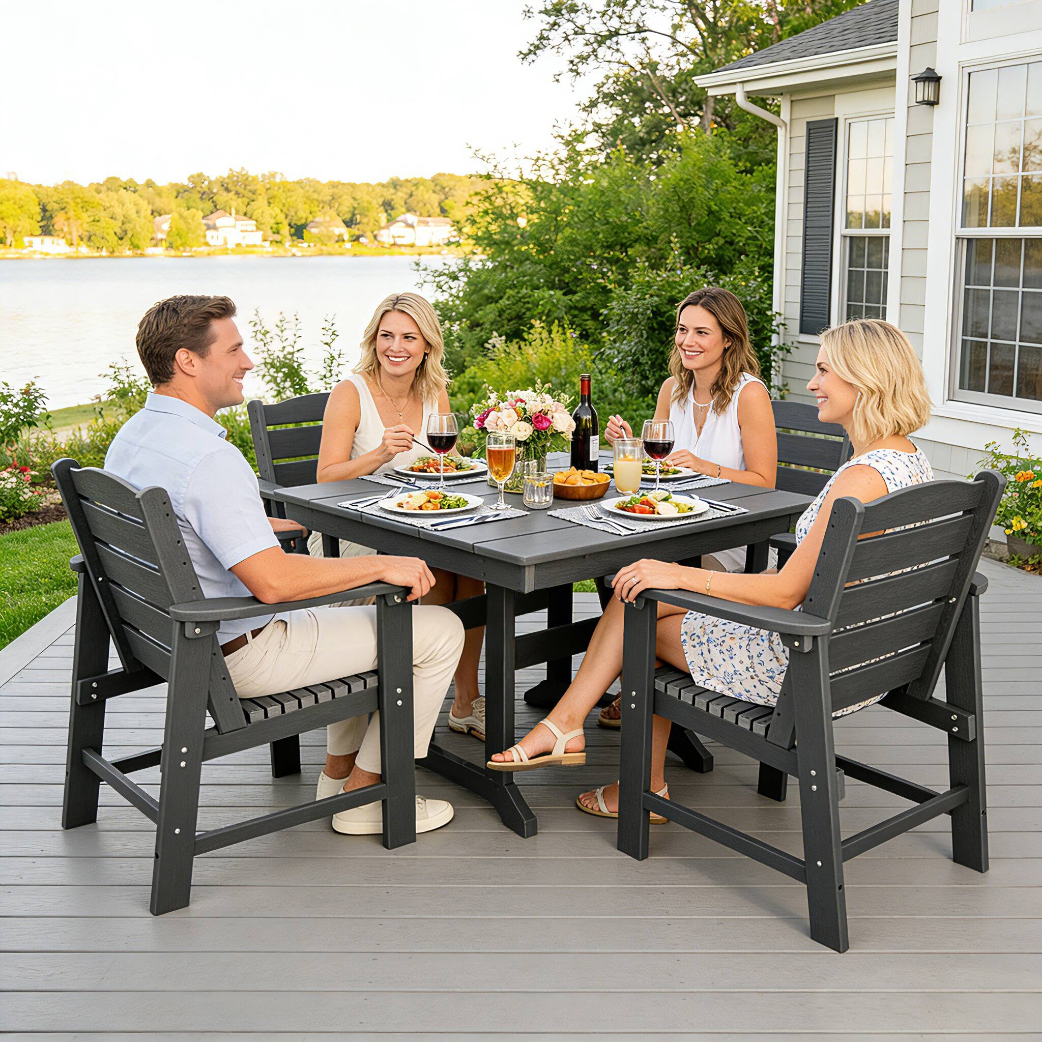 Angle. Fortune Candy - HDPE Patio Dining Set, 5-Piece Poly Lumber Table & Chairs with Umbrella Hole, Weather-Resistant for Porch Yard Garden - Gray.
