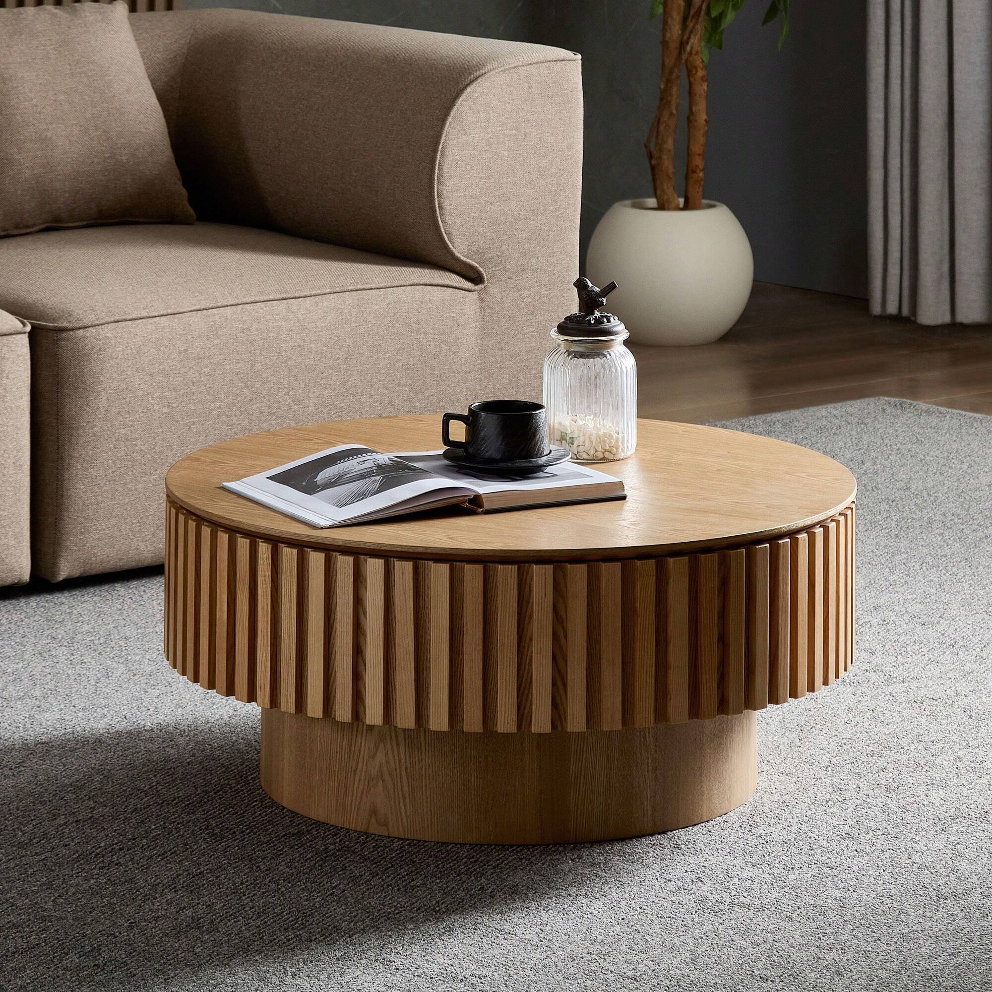 Alt View 2. Trinkets Crazed - Round Coffee Table With Storage, Solid Wood Center Table Large Circle Wooden Accent Table - Natural.