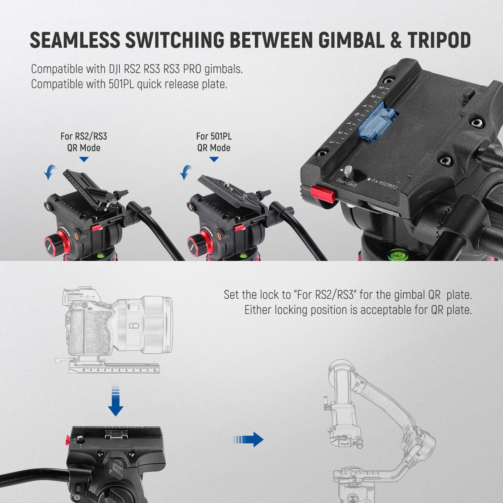SEAMLESS SWITCHING BETWEEN GIMBAL & TRIPOD

Compatible with DJI RS2 RS3 RS3 PRO gimbals.
Compatible with 501PL quick release plate.

For RS2/RS3 QR Mode
For 501PL QR Mode

Set the lock to "For RS2/RS3" for the gimbal QR plate.
Either locking position is acceptable for QR plate.
