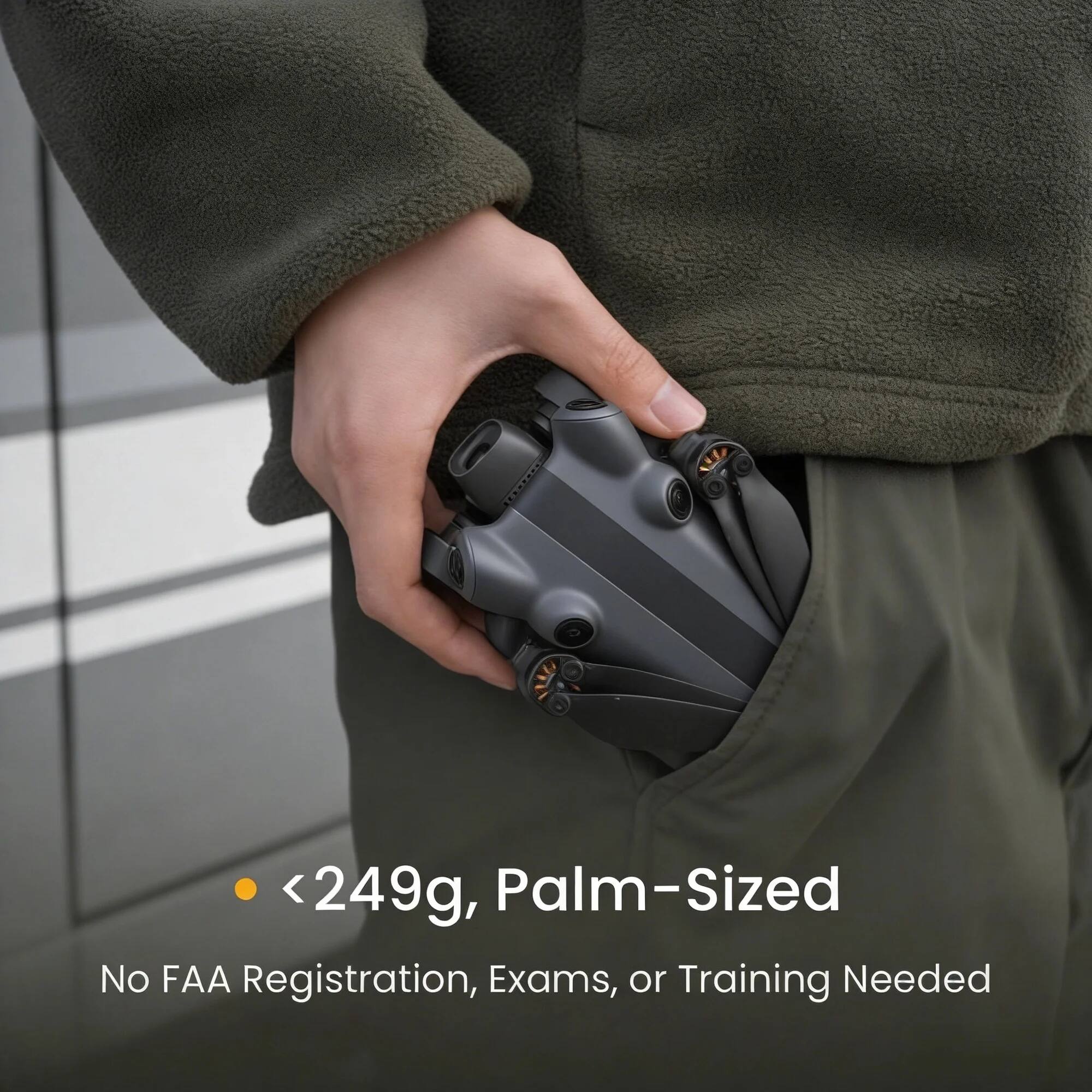< 249g, Palm-Sized  
No FAA Registration, Exams, or Training Needed