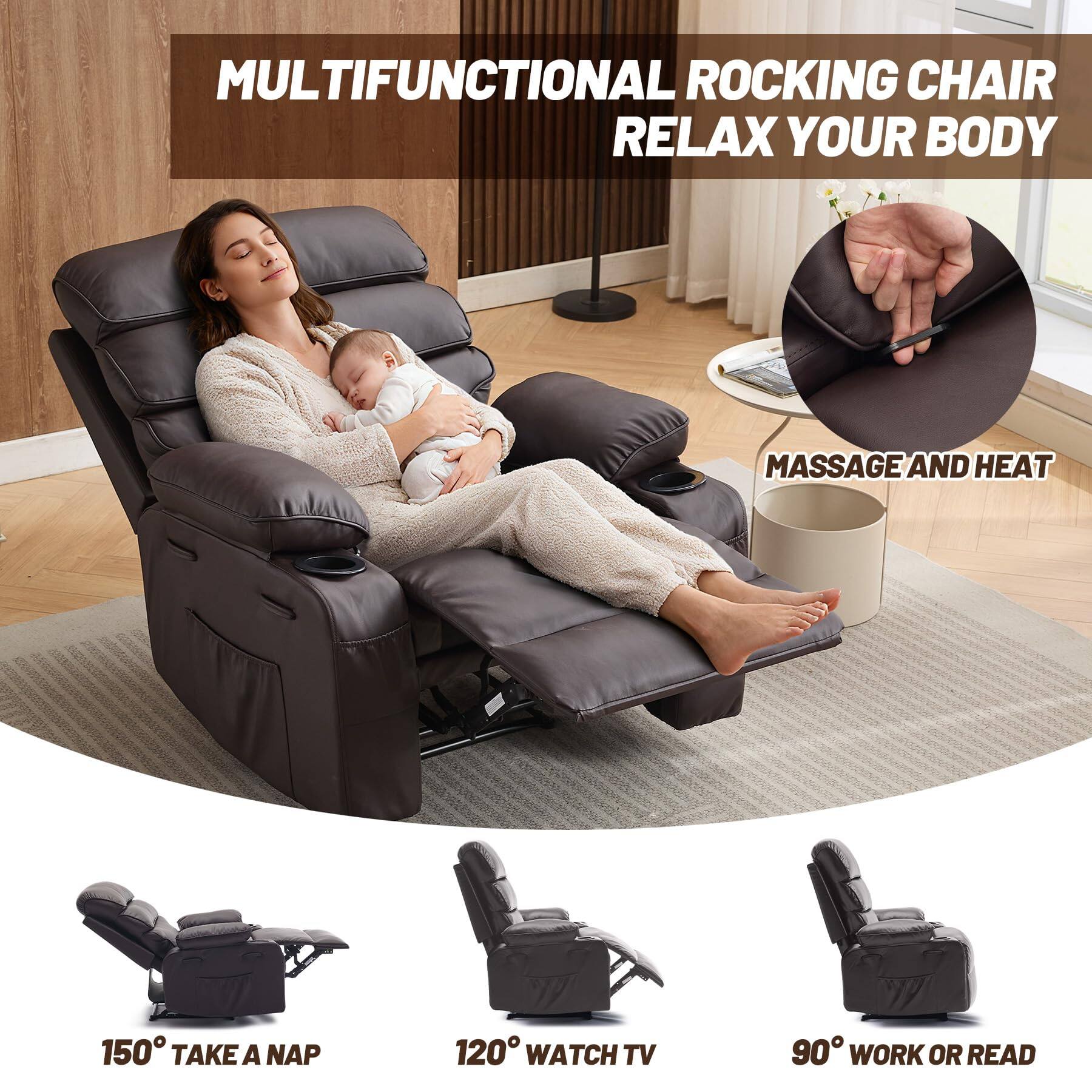 MULTIFUNCTIONAL ROCKING CHAIR RELAX YOUR BODY MASSAGE AND HEAT

150° TAKE A NAP

120° WATCH TV

90° WORK OR READ