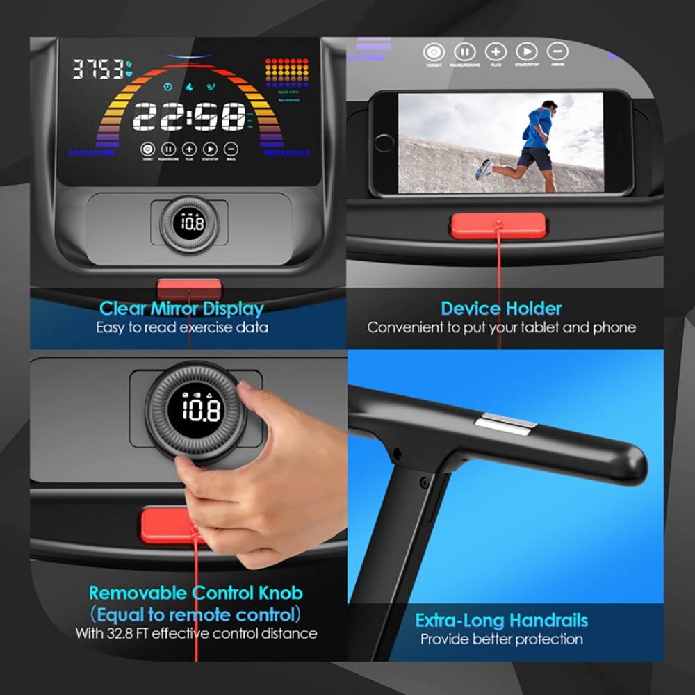 3753 22:58 " + " + - 10.8 Clear Mirror Display Easy to read exercise data Device Holder Convenient to put your tablet and phone 10.8 Removable Control Knob (Equal to remote control) With 32.8 FT effective control distance Extra-Long Handrails Provide better protection