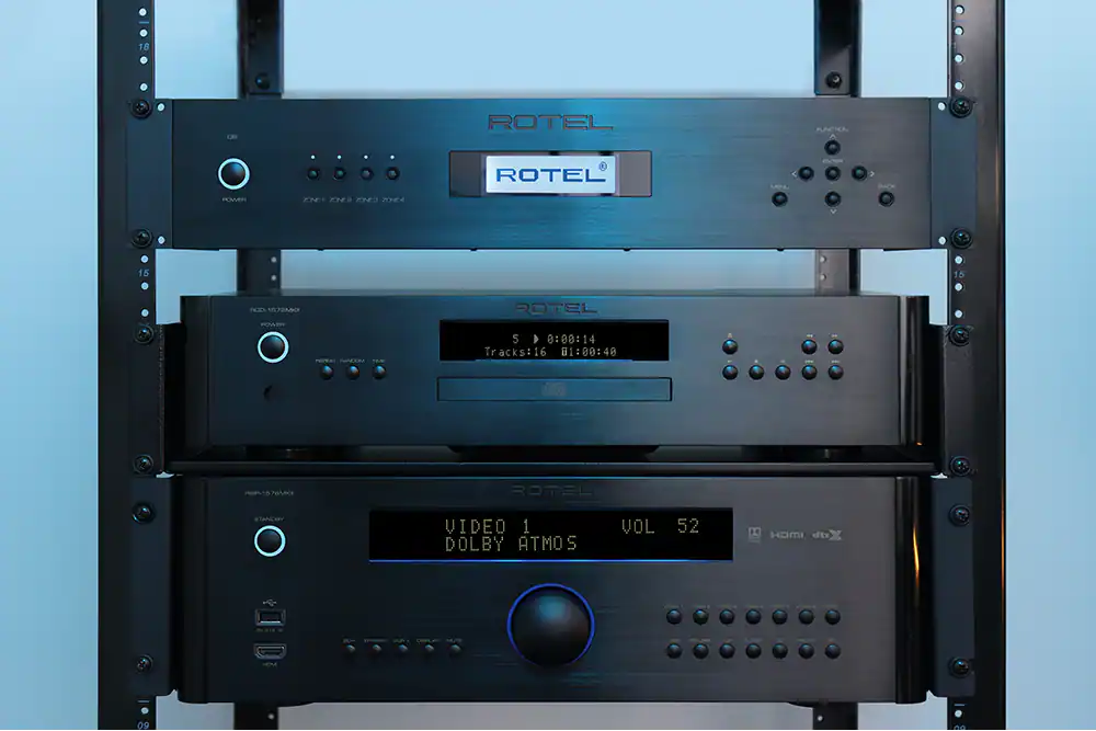 The text on the image reads: "18 CE ROTEL PLAYER 3 ROTEL VIDEO 1 ROTEL STEREO 4 0:00:14 Tracks:16 16 01:00:40 1070PC ROTEL STANDS ROTEL STANDS."