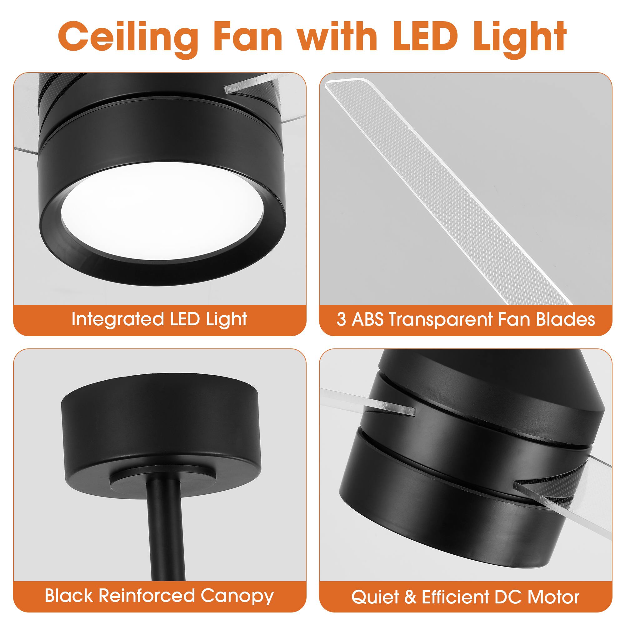 Ceiling Fan with LED Light

- Integrated LED Light
- 3 ABS Transparent Fan Blades
- Black Reinforced Canopy
- Quiet & Efficient DC Motor