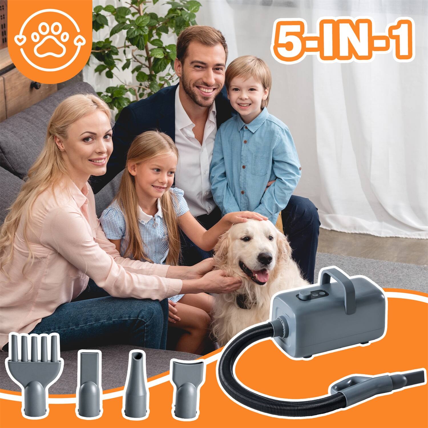 Back. Sweet - ﻿ High Velocity Dog Hair Drye, 1500W Adjustable Temp and Speed Pet Dryers with 4 Nozzles and a Comb, Gray.