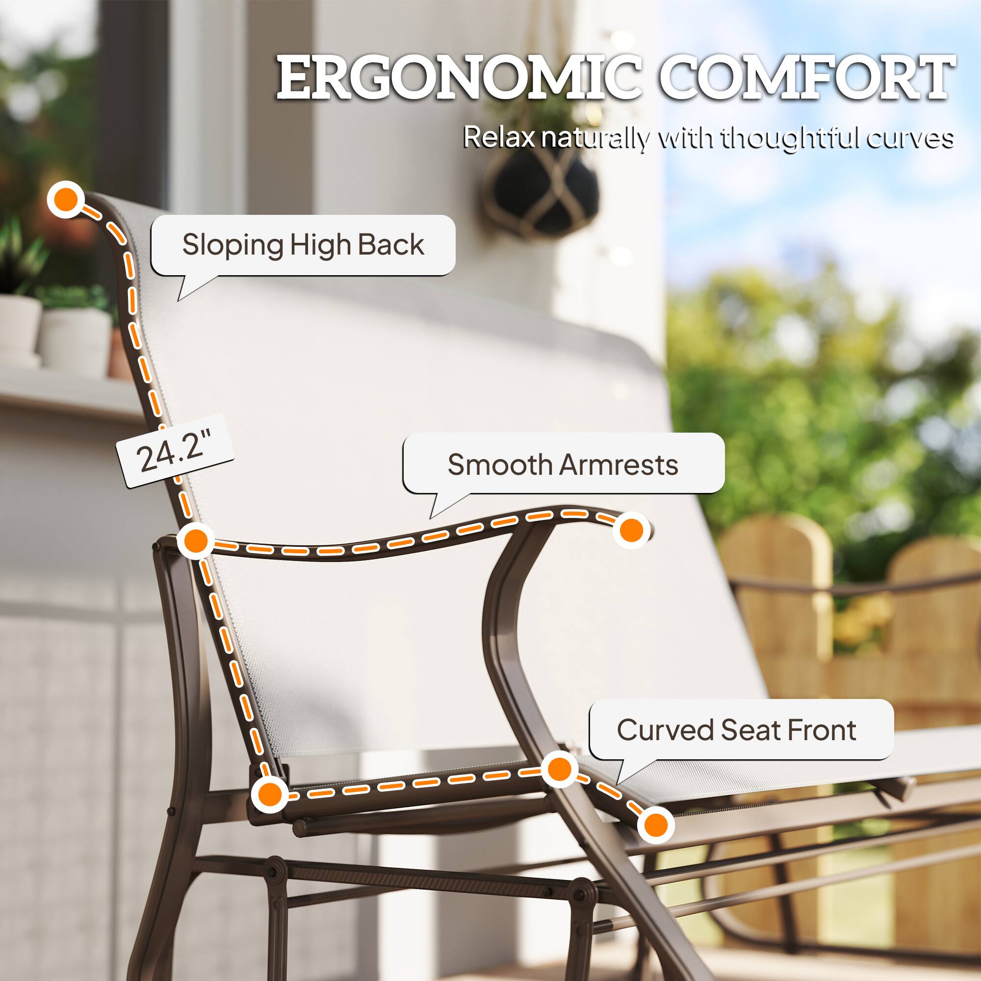 ERGONOMIC COMFORT  
Relax naturally with thoughtful curves

- Sloping High Back
- Smooth Armrests
- Curved Seat Front

24.2"