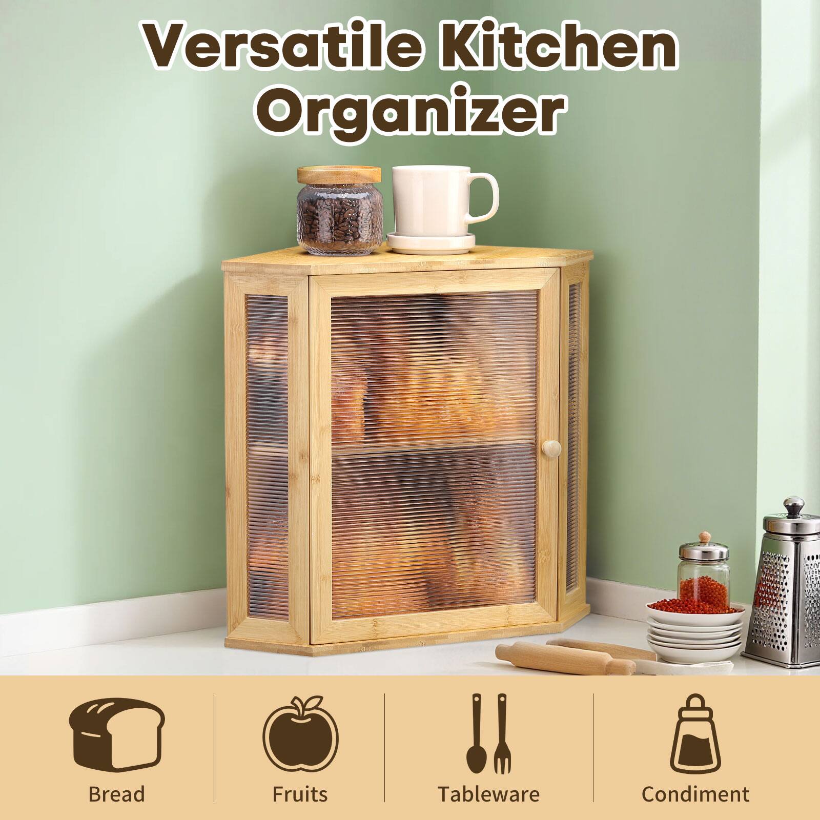 Versatile Kitchen Organizer

- Bread
- Fruits
- Tableware
- Condiment