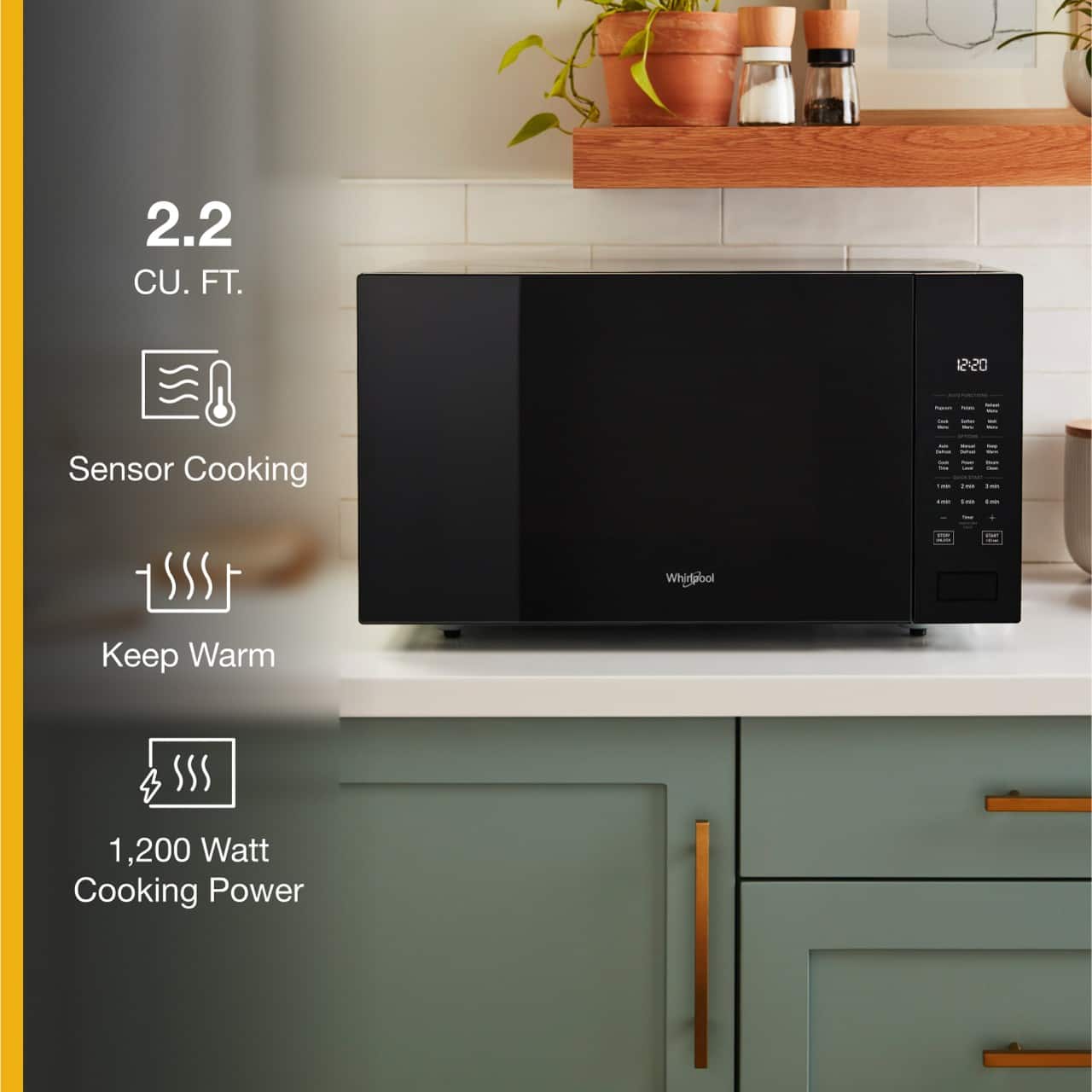 The text on the image can be grouped and corrected as follows:
Features:
* Sensor Cooking
* Keep Warm
* 1,200 Watt Cooking Power
Specifications:
* 2.2 CU. FT.