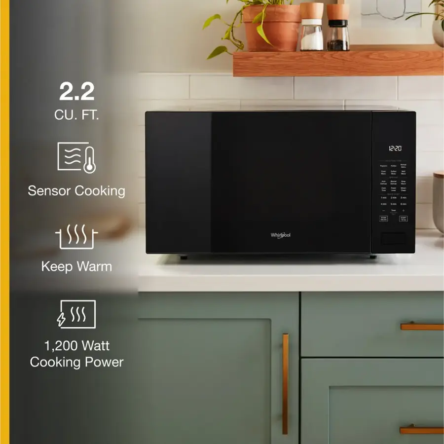 The text on the image can be grouped and corrected as follows:

Features:

* Sensor Cooking
* Keep Warm
* 1,200 Watt Cooking Power

Specifications:

* 2.2 CU. FT.