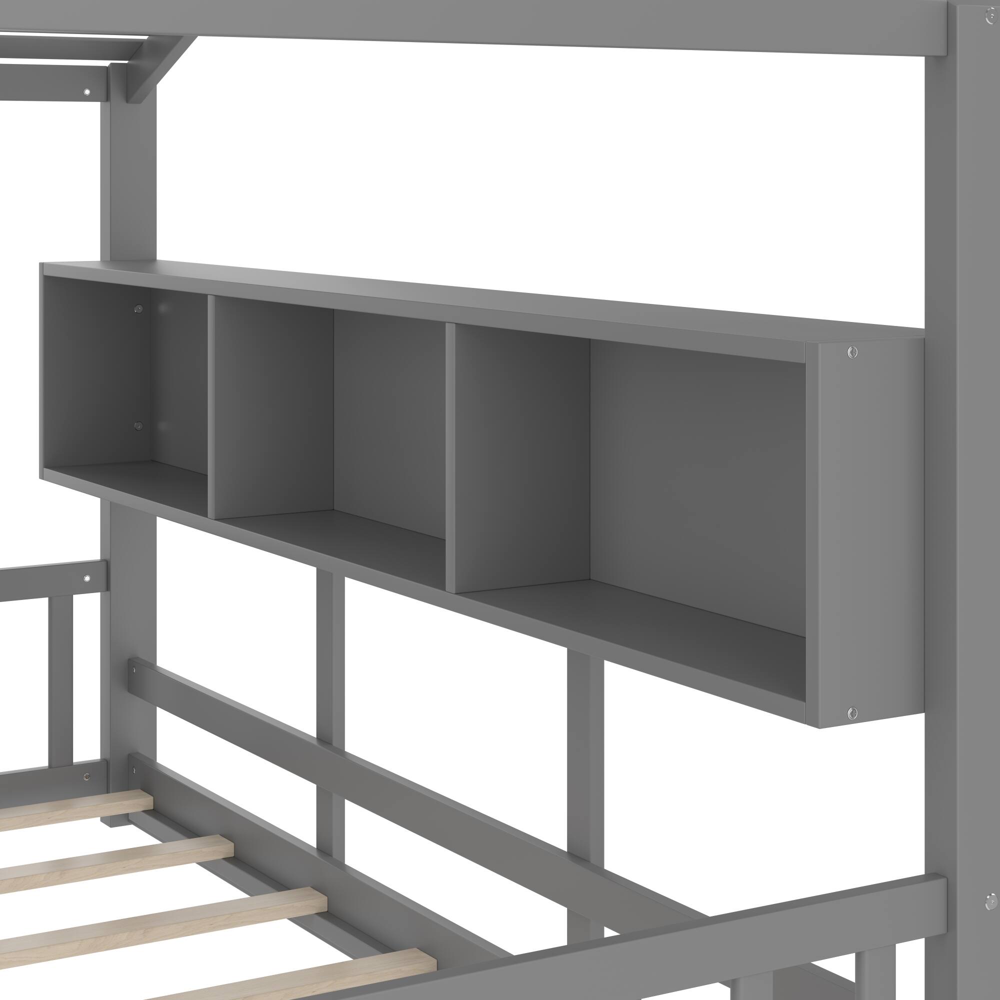 Alt View 4. GOODSILO - Twin Size Floor House Bed for Toddlers and Kids with Storage Shelf and Playhouse Roof Design - Gray.
