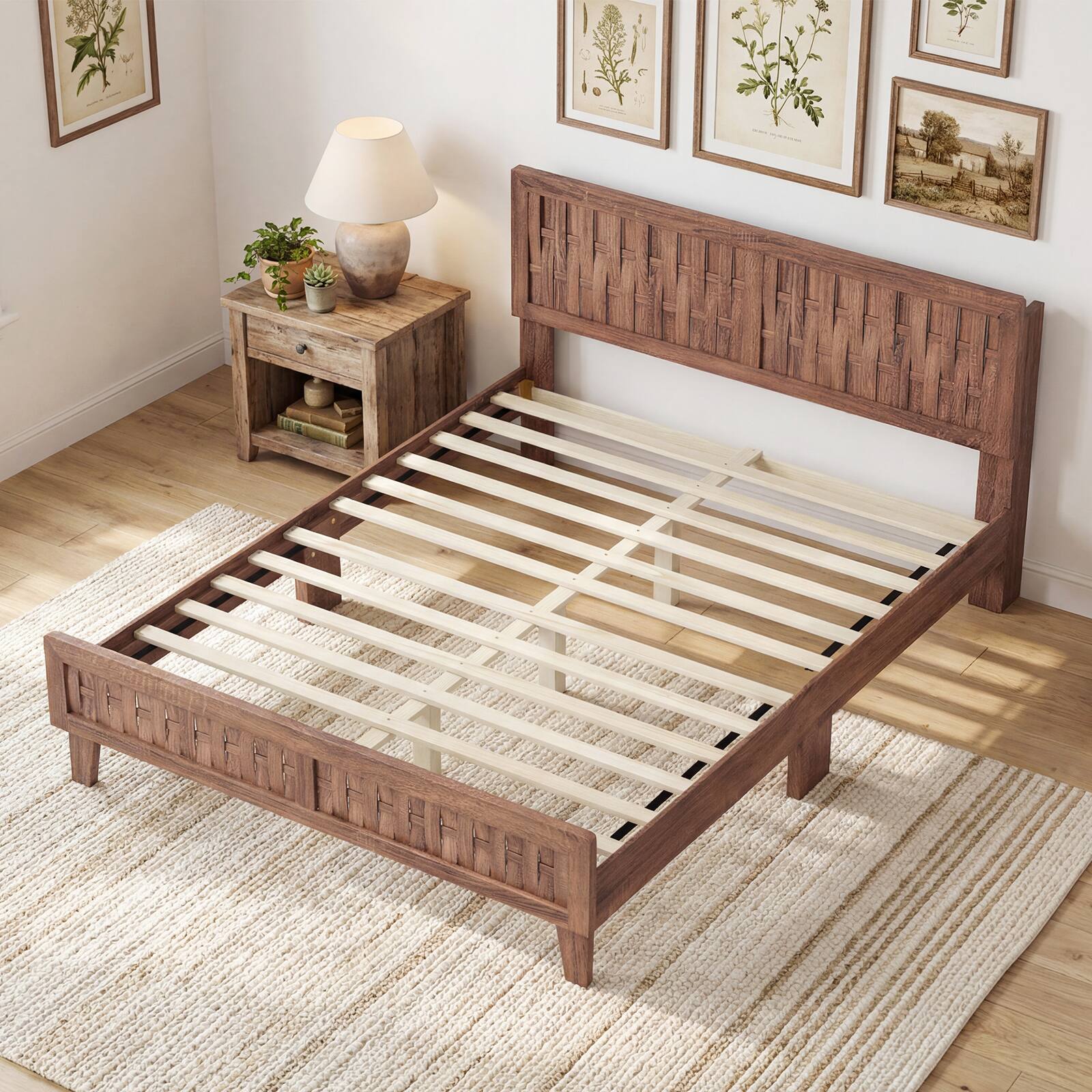 Alt View 5. Costway - Costway Queen Size Bed Frame with Woven Accent Headboard & Footboard, Wooden Slat Support - Walnut.