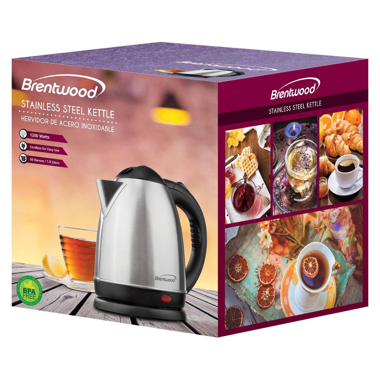 Brentwood Stainless Steel Kettle Herbidor de Acero Inoxidable 1200 Watts Brentwood Steel Kettle Stainless Cordless for Easy Use 1 30 Ounces 1 15 Liters 1 S I BPA Free