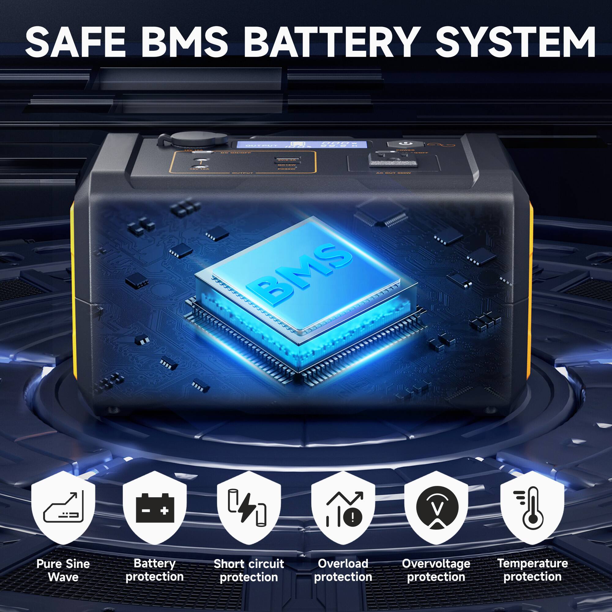 SAFE BMS BATTERY SYSTEM

- Pure Sine Wave
- Battery protection
- Short circuit protection
- Overload protection
- Overvoltage protection
- Temperature protection