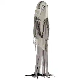 Ecooso - Sound-Activated Animated Skeleton Witch with White Hair and Glowing Eyes for Indoor or Covered Outdoor Halloween Décor - Gray