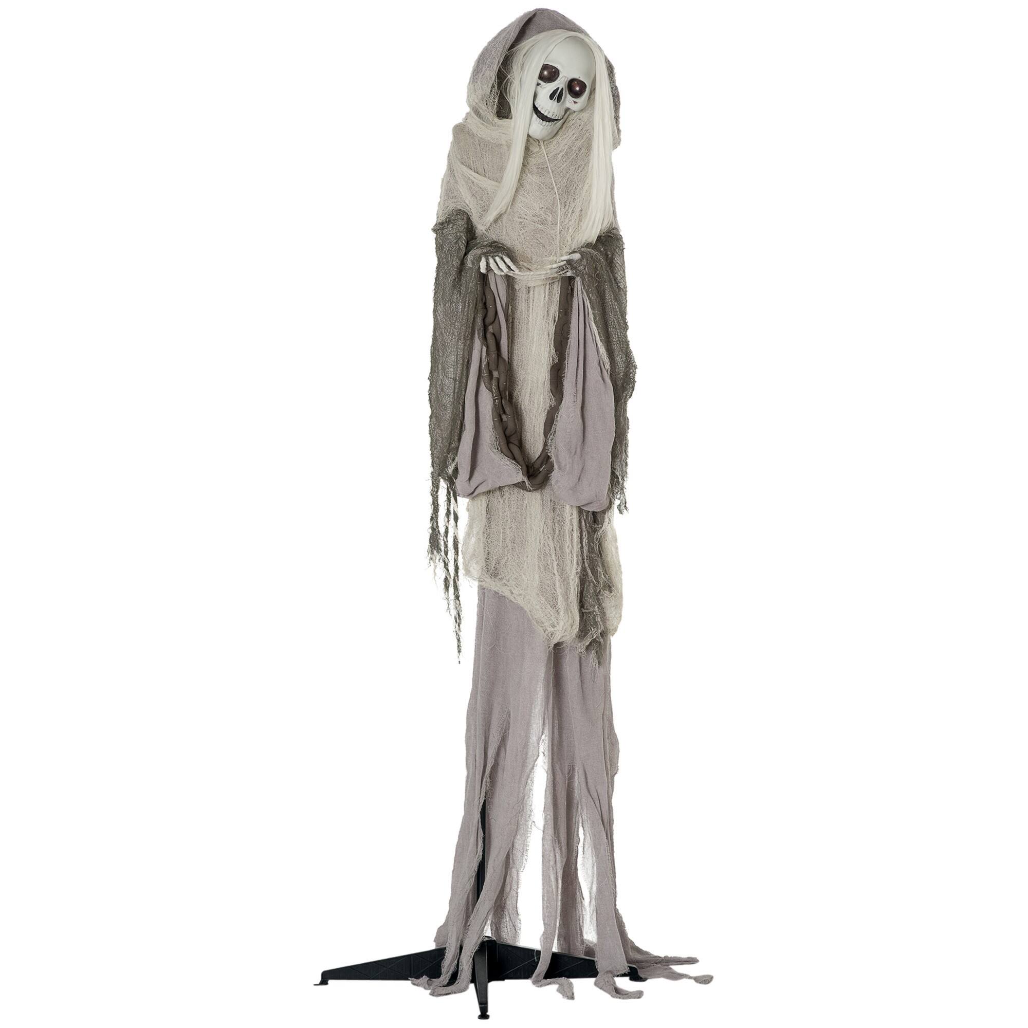 Front. Ecooso - Sound-Activated Animated Skeleton Witch with White Hair and Glowing Eyes for Indoor or Covered Outdoor Halloween Décor - Grey.