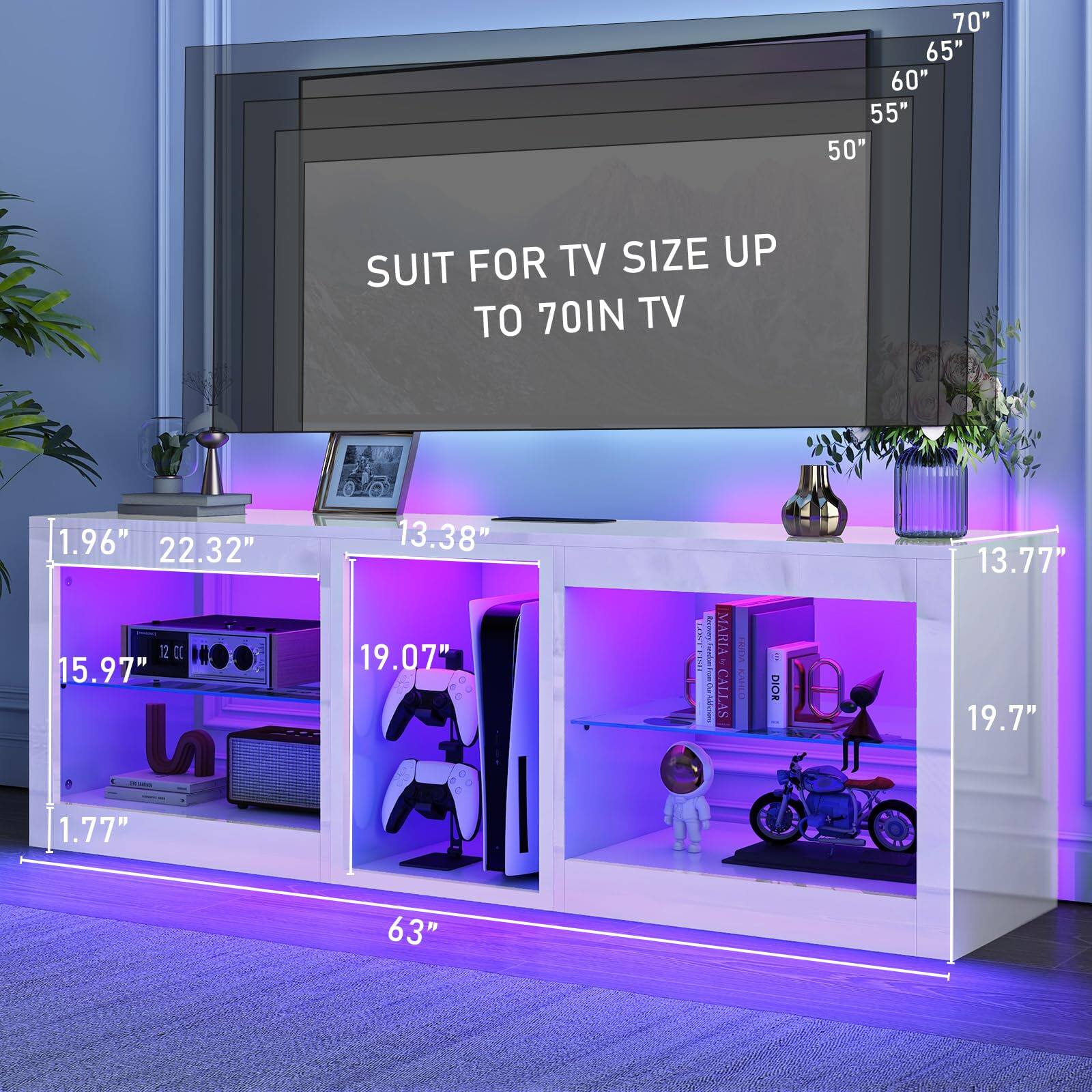 70" 65" 60" 55" 50" FOR TV SIZE UP TO 70IN TV

1.96" 22.32" 12 12 CC 100 15.97" 1.77" 13.38" 19.07" 13.77" 19.7" 63"