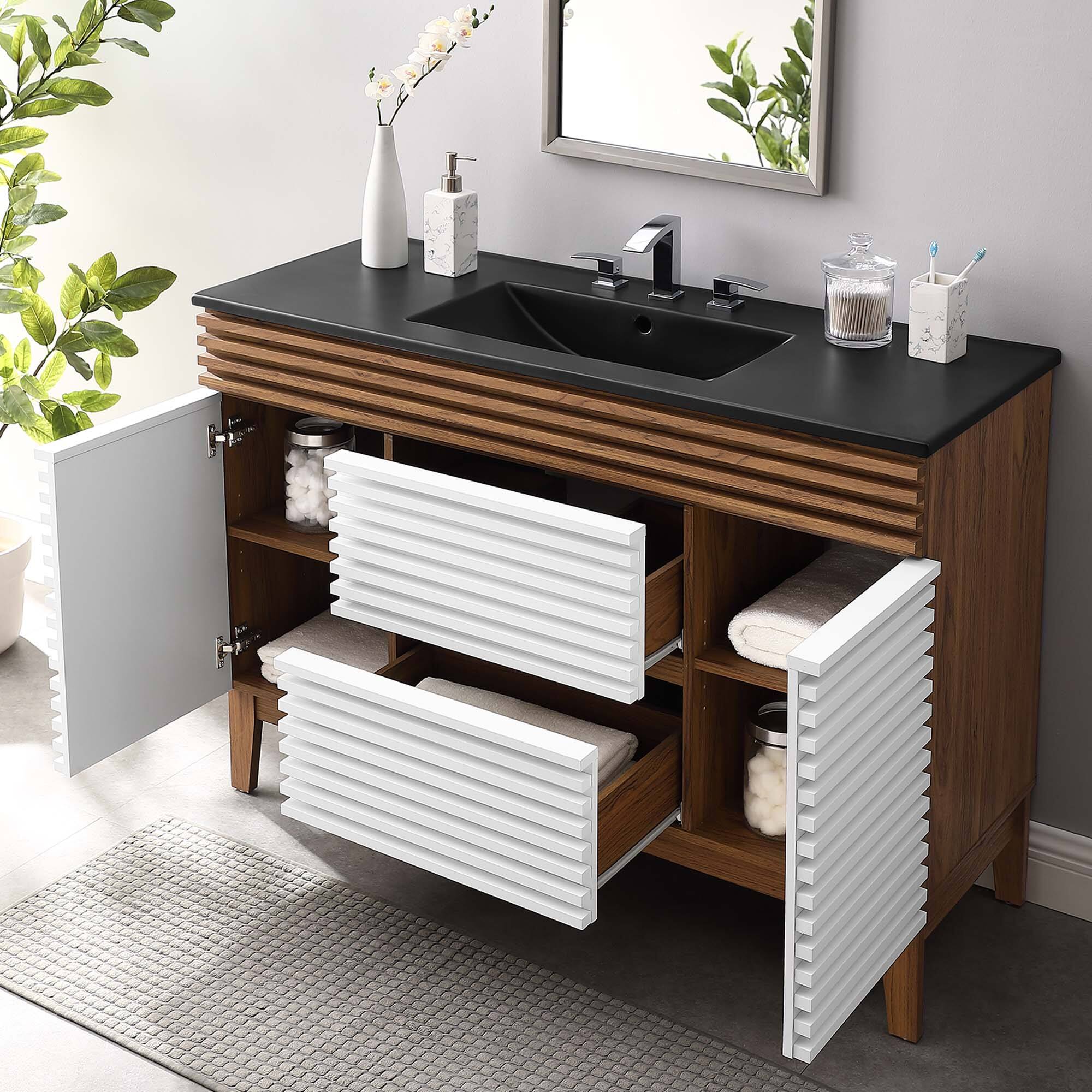 Back. Modway - Render 48" Bathroom  Vanity with Black Basin Included - White Walnut Black.