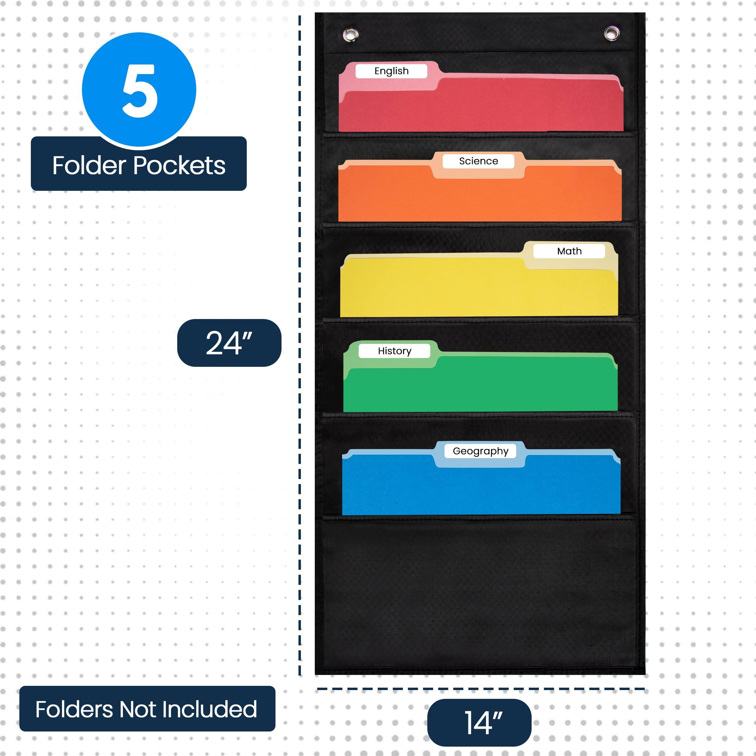 5 Folder Pockets  
English Science Math History Geography  
24"  
14"  
Folders Not Included