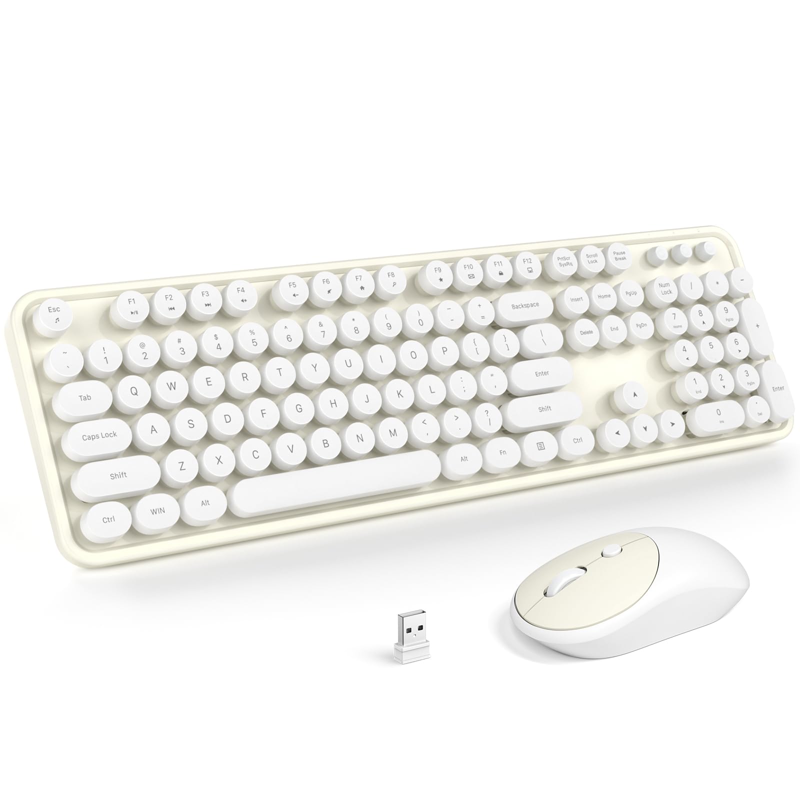 Live At Space - Wireless And Mouse Combo Full Size Plug Play Typewriter Retro Round Computer Set For Windows Desktop Pc Notebook - · - Off White