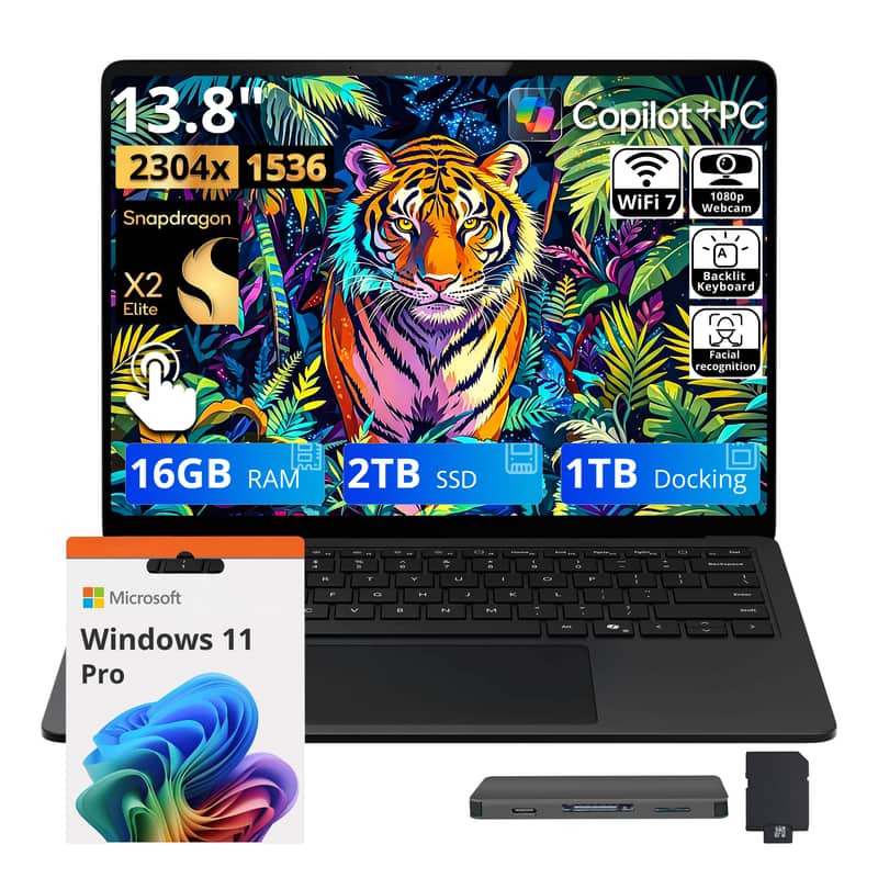 13.8" 2304x1536 Snapdragon  
Copilot+PC WiFi 7 1080p Webcam  
X2 Elite  
A Backlit Keyboard  
Facial recognition  
16GB RAM  
2TB SSD  
1TB Docking  

Microsoft Windows 11 Pro