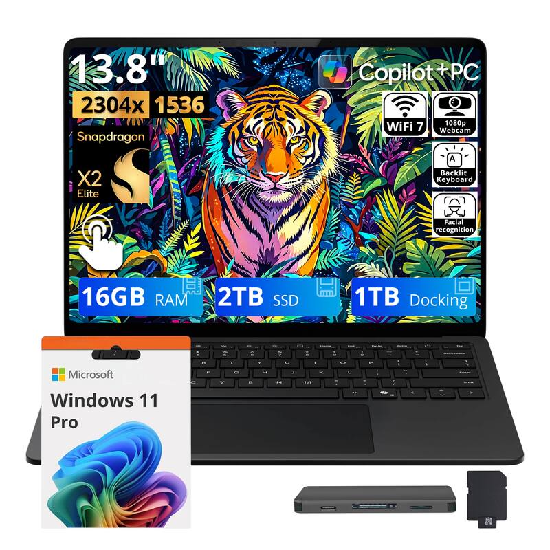 13.8" 2304x1536 Snapdragon  
Copilot+PC WiFi 7 1080p Webcam  
X2 Elite  
A Backlit Keyboard  
Facial recognition  
16GB RAM  
2TB SSD  
1TB Docking  

Microsoft Windows 11 Pro