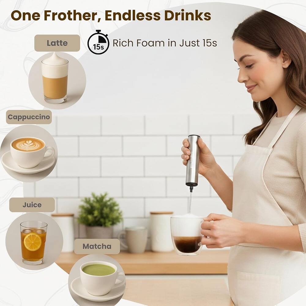 One Frother, Endless Drinks

- Latte
- Cappuccino
- Juice
- Matcha

Rich Foam in Just 15s
