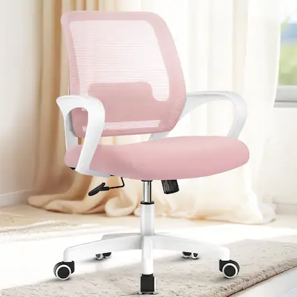 Front. Neo Chair - Office Desk Ergonomic Computer Mesh Chair with Lumbar Mid Back Support Rolling Wheels Comfy Task Vanity Chair for Home - Pink.