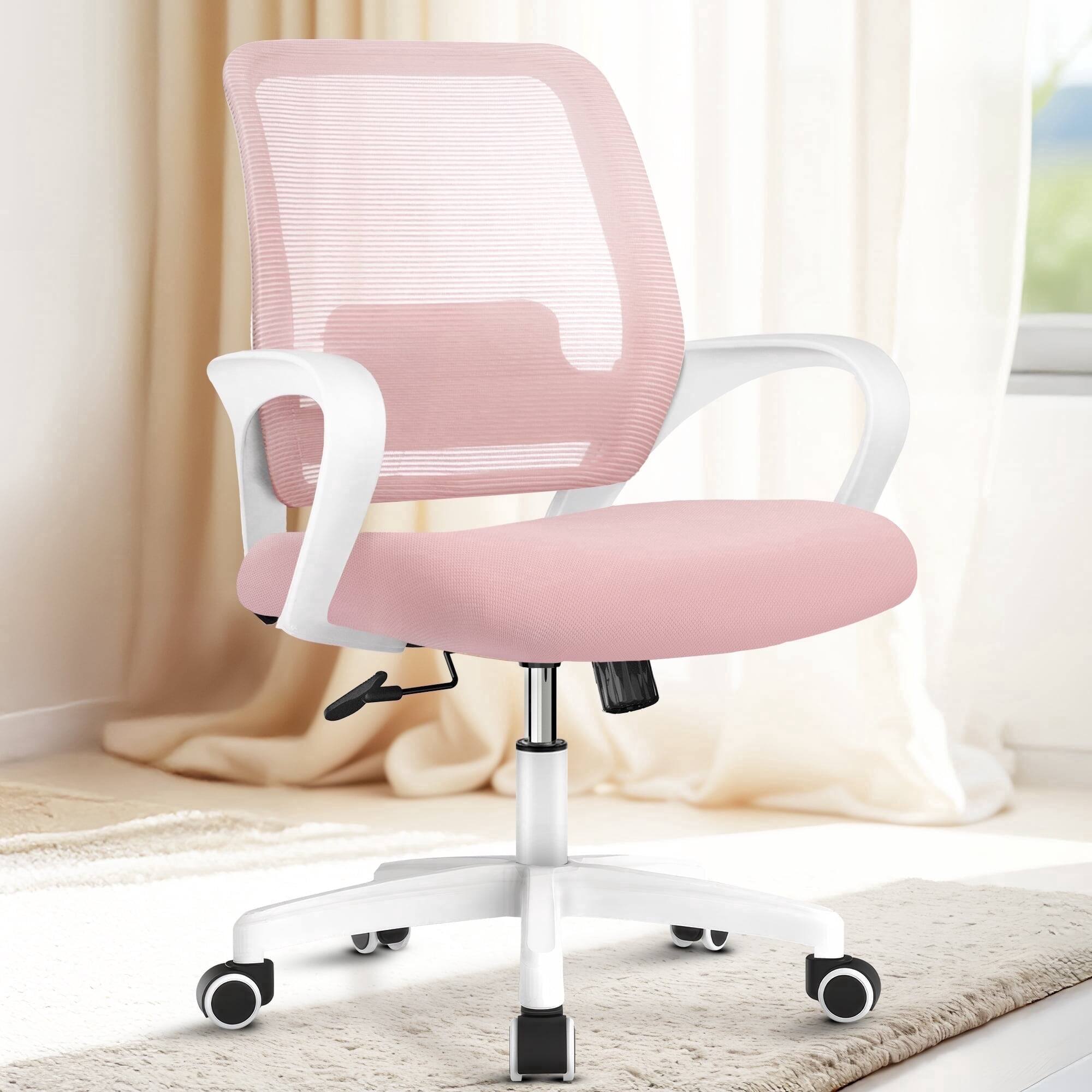 Front. Neo Chair - Office Desk Ergonomic Computer Mesh Chair with Lumbar Mid Back Support Rolling Wheels Comfy Task Vanity Chair for Home - Pink.
