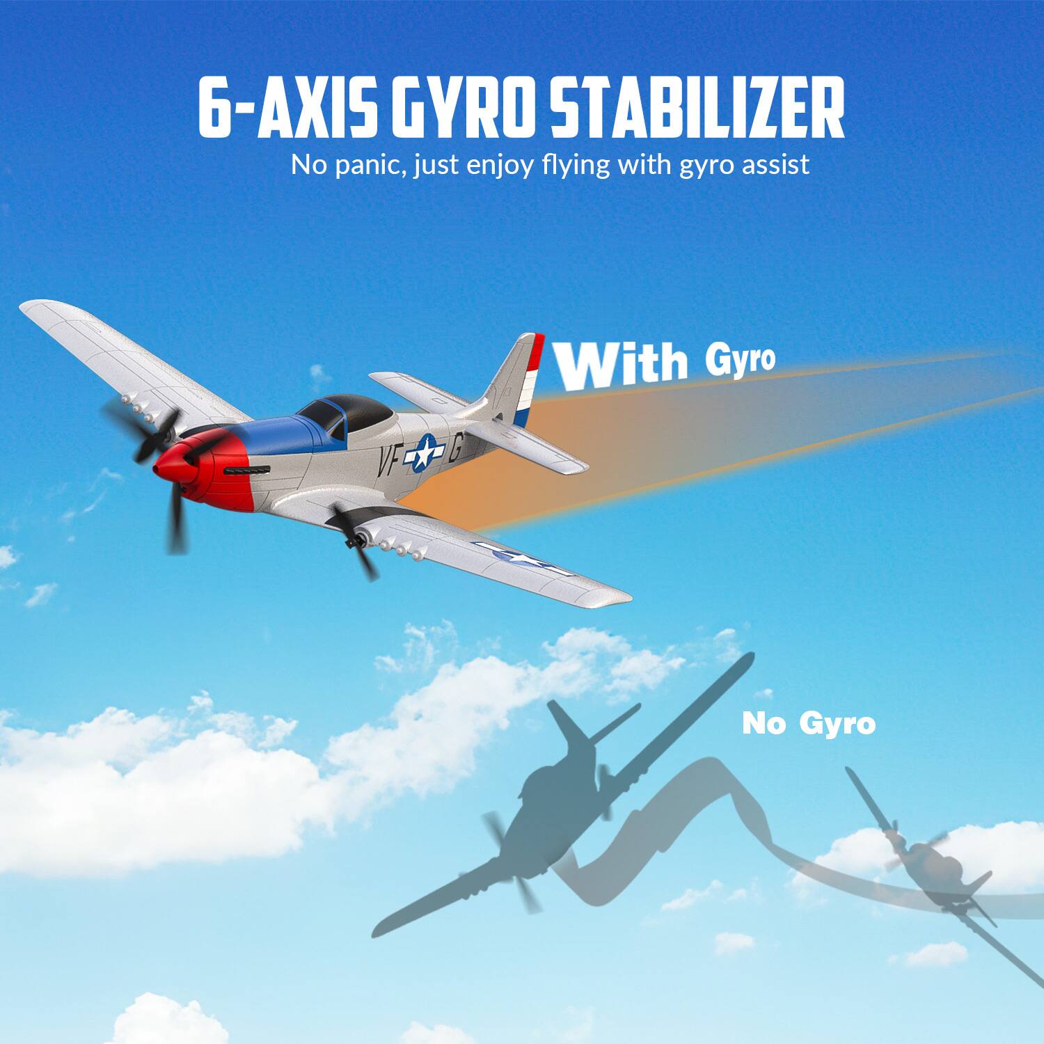 6-AXIS GYRO STABILIZER  
No panic, just enjoy flying with gyro assist  

With Gyro  
No Gyro