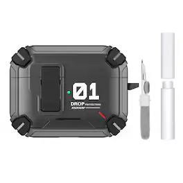 Dteck - Case for AirPods Pro 3 with Carabiner and Cleaning pen, Slim Rugged Shockproof Protective Cover Built-in Stand - Black