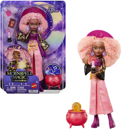 Sure! Here is the corrected text:
---
**Rae Fumina**
**MOONSPELL MAGIC BY MONSTER HIGH**
**4+**
**1.5**
**MATTEL**
**WARNING: ATTENTION: CHOKING HAZARD - Small parts. Not for children under 3 years.**
---
**CONTENTS: 1 doll, 5 accessories, 1 pumpkin**
**DANGER D'ETOUFFEMENT - Petite pièce. Ne convient pas aux enfants de moins de 3 ans.**