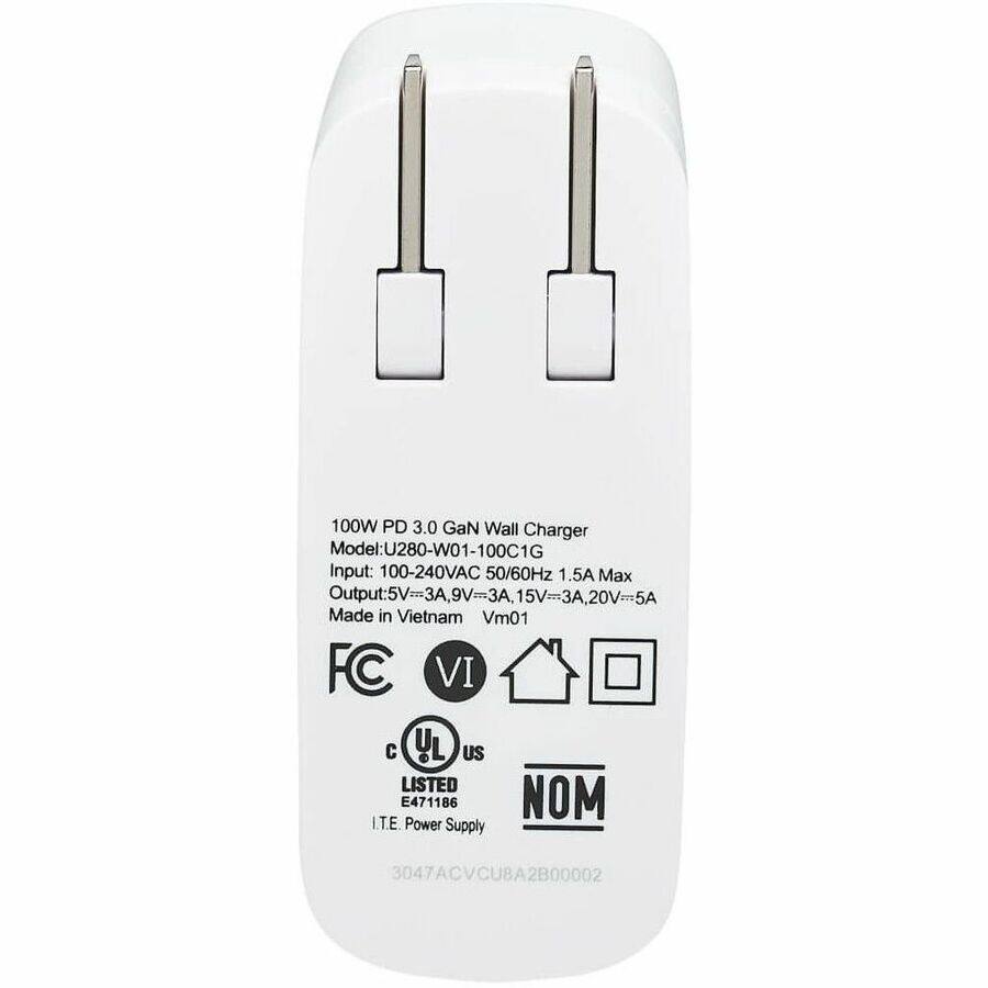 100W PD 3.0 GaN Wall Charger  
Model: U280-W01-100C1G  
Input: 100-240VAC 50/60Hz 1.5A Max  
Output: 5V=3A, 9V=3A, 15V=3A, 20V=5A  
Made in Vietnam  
Vm01  
FC VI NOM  
UL LISTED E471186  
I.T.E Power Supply  
3047ACVCUBA2B00002