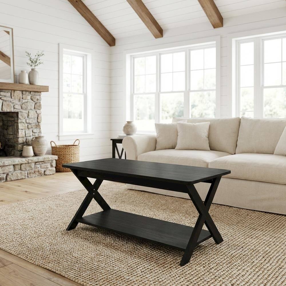 Back. FurniFact - Black Espresso Coffee Table with Storage and X-Shaped Legs - Black Espresso.
