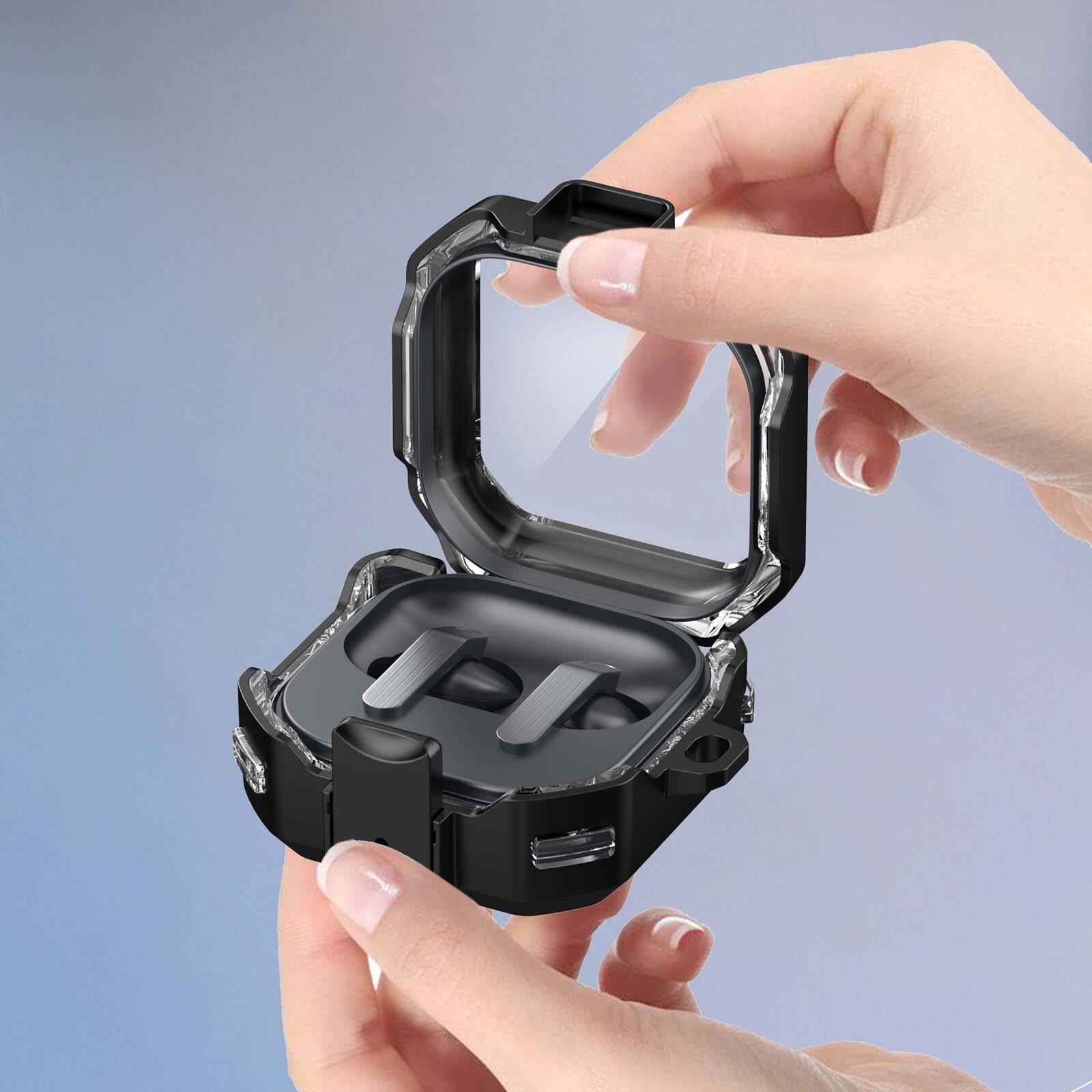 Left. Dteck - For Galaxy Buds4 / Galaxy Buds4 Pro Shockproof Safety Lock Rugged Headphones Case With Keychain & Clean Pen - Blackclear.