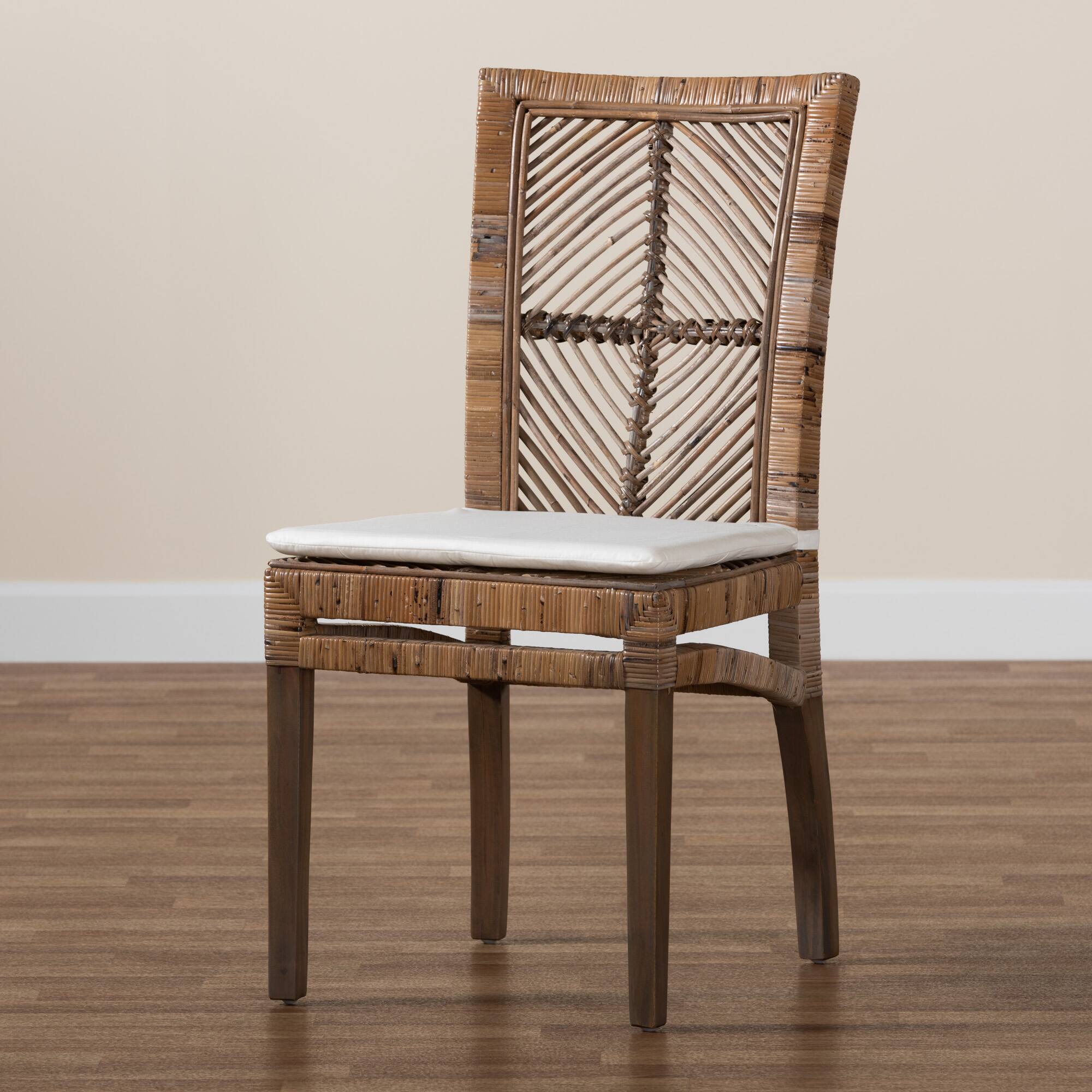 Alt View 5. bali & pari - Laluna Modern Bohemian Natural Rattan and Mahogany Dining Chair with Cushion - Greywashed/White.