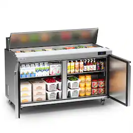 Coolake - 60'' W Commercial Refrigerator Sandwich Salad Prep Table, 2 Door Sandwich Fridge with 16 GN 1/6 Pans - Silver