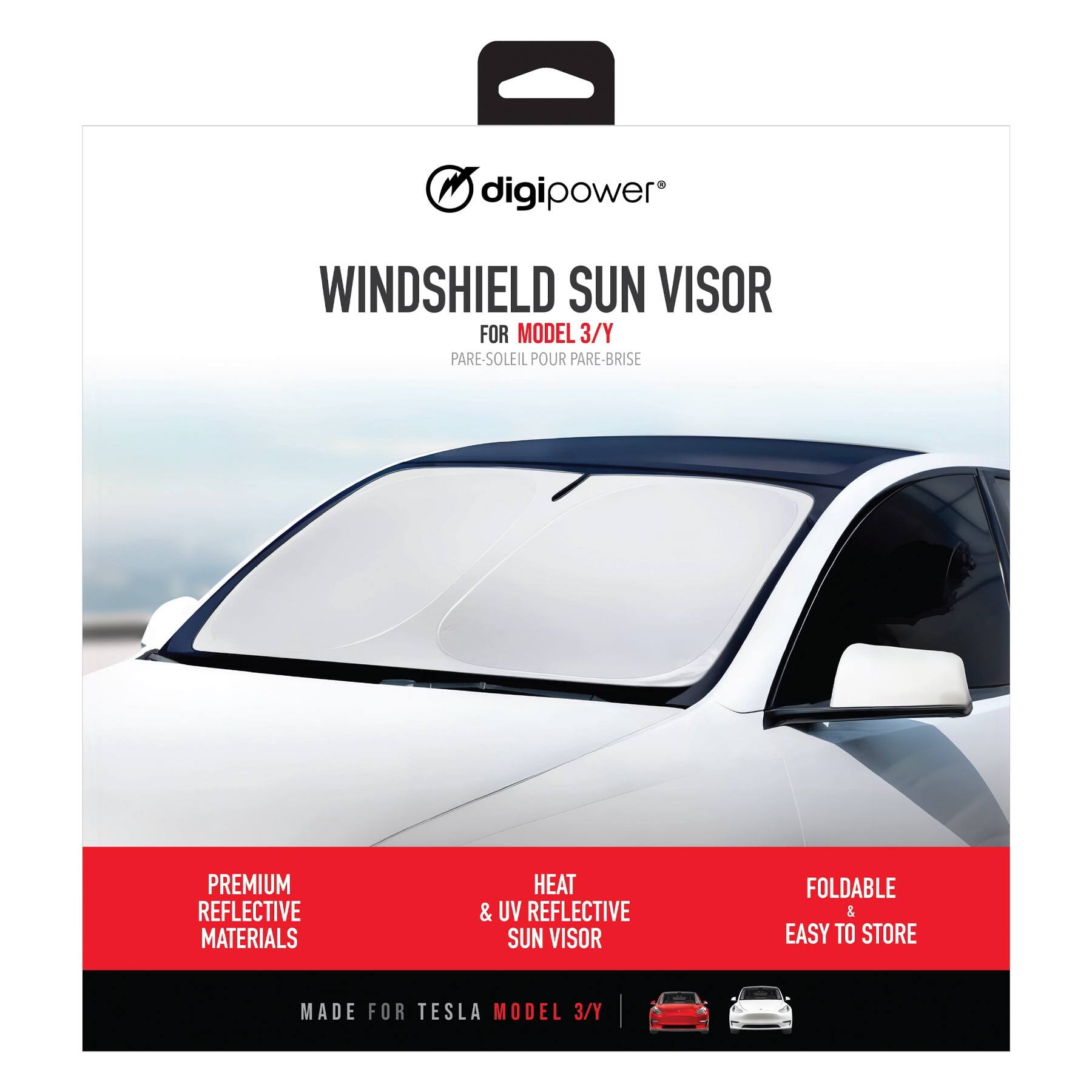 digipower

WINDSHIELD SUN VISOR FOR MODEL 3/Y  
PARE-SOLEIL POUR PARE-BRISE

PREMIUM REFLECTIVE MATERIALS  
HEAT & UV REFLECTIVE SUN VISOR  
FOLDABLE & EASY TO STORE  
MADE FOR TESLA MODEL 3/Y